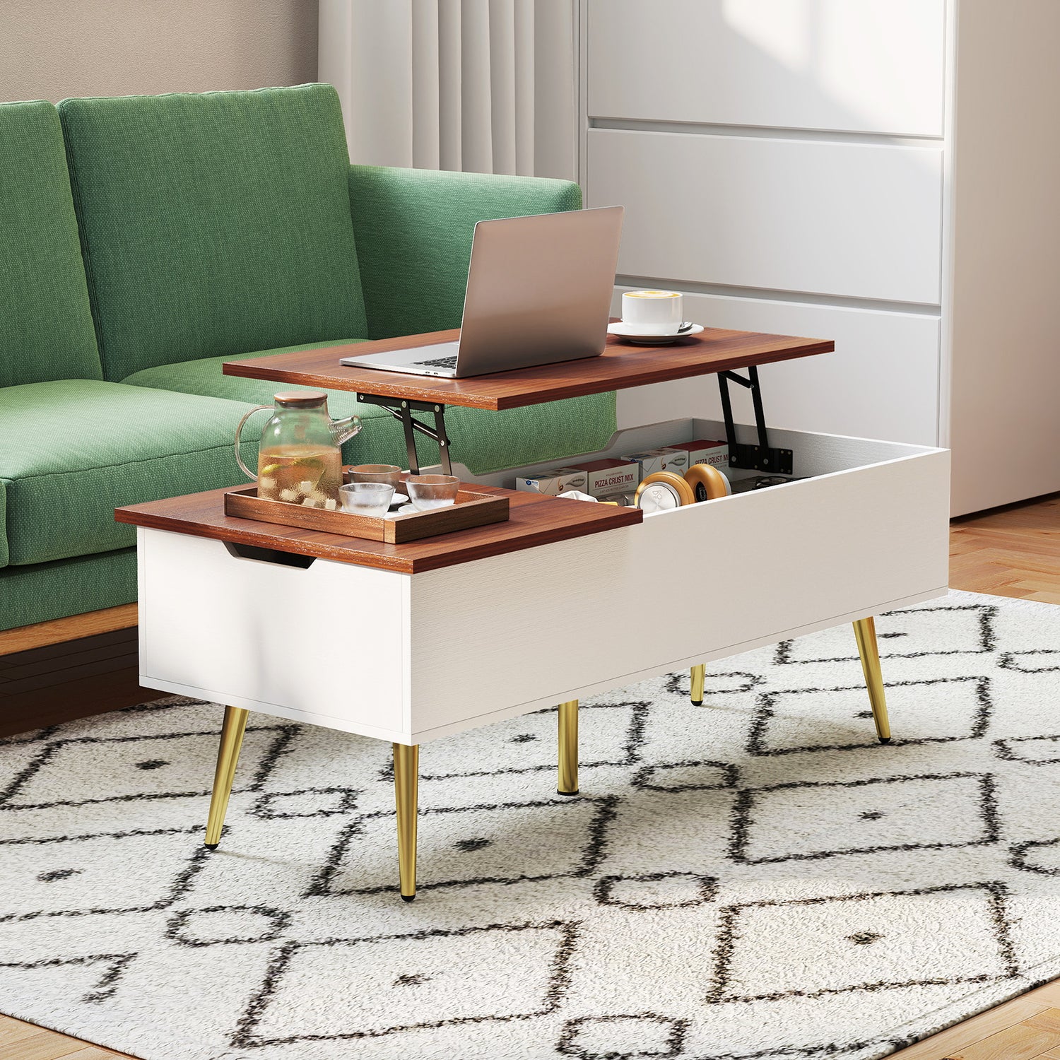 47 Inch Lift Top Coffee Table with 2 Hidden Compartments