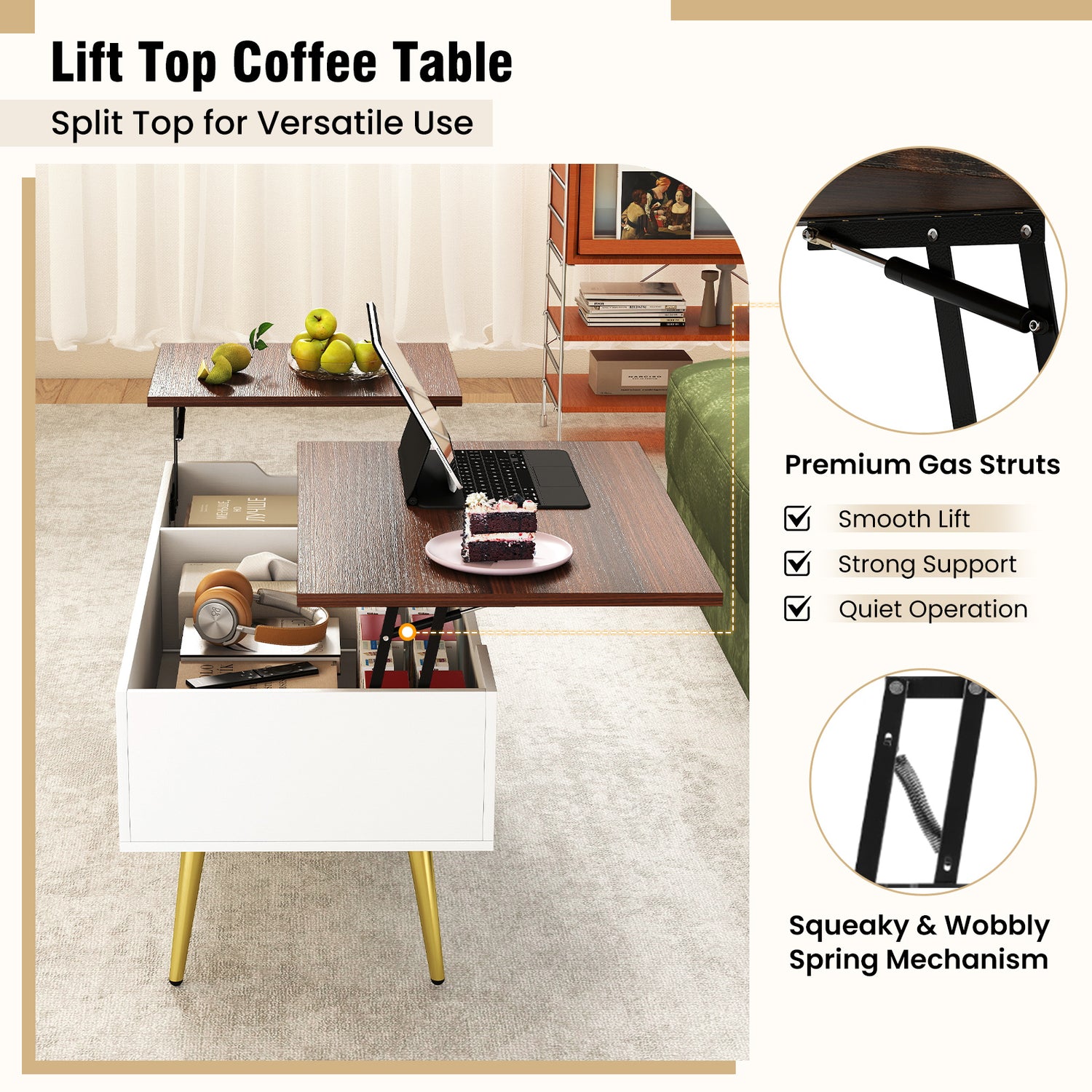 47 Inch Lift Top Coffee Table with 2 Hidden Compartments
