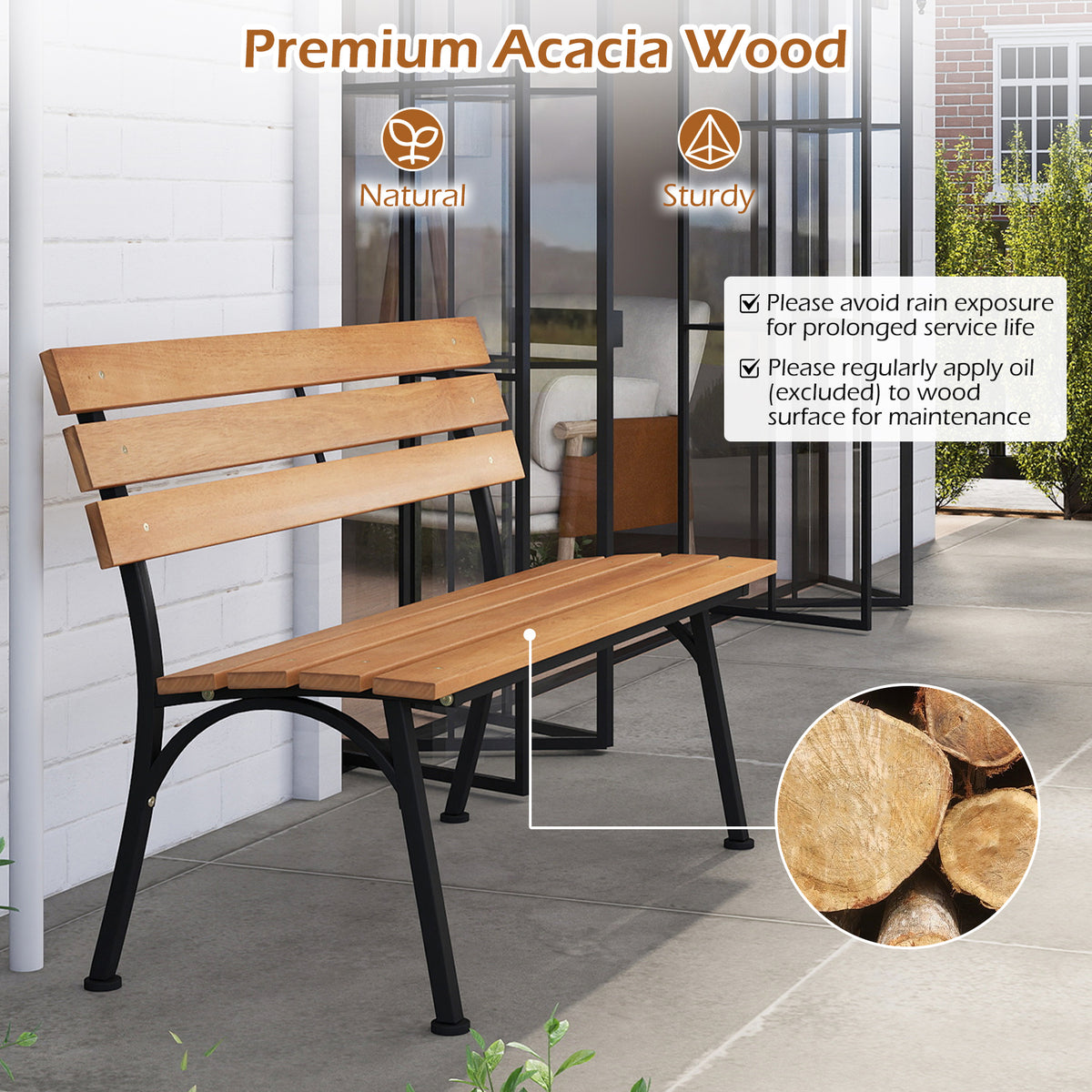 47 Inch Outdoor Acacia Wood Bench with Metal Frame and Slatted Seat