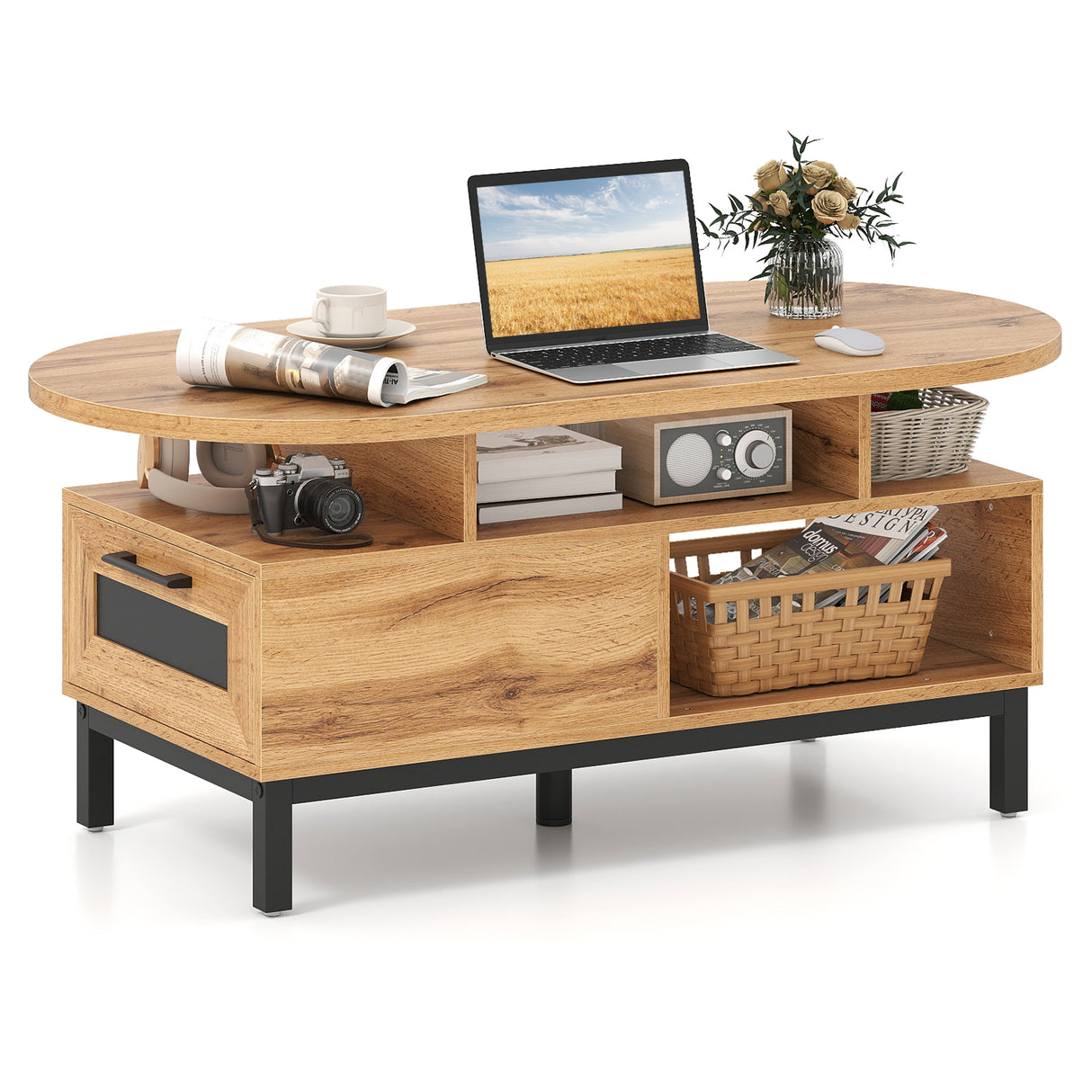 47 Inch Oval Coffee Table with Storage and Open Compartments for Living Room