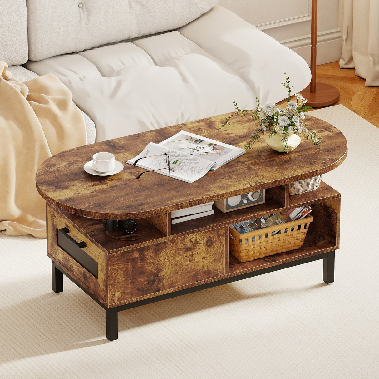 47 Inch Oval Coffee Table with Storage and Open Compartments for Living Room