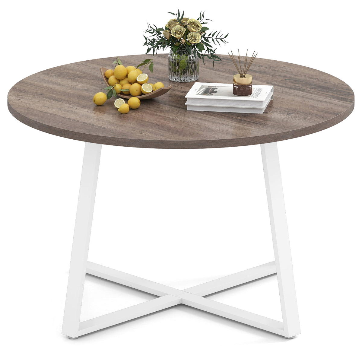 Round Dining Table with Stable X-shaped Base and Round Thickened Tabletop