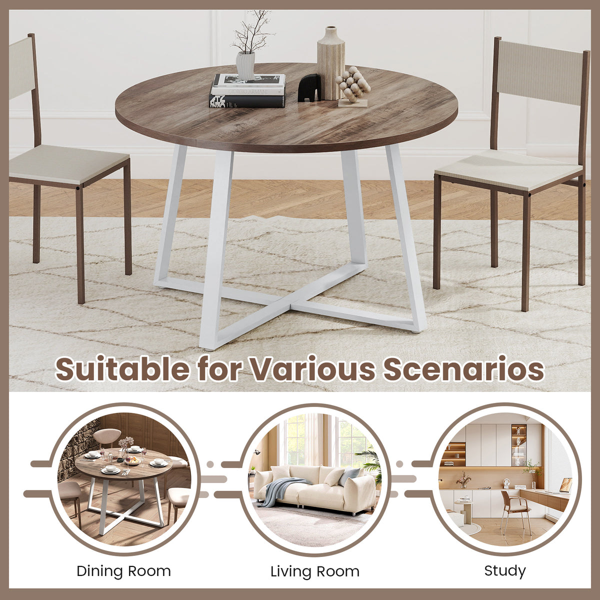 Round Dining Table with Stable X-shaped Base and Round Thickened Tabletop
