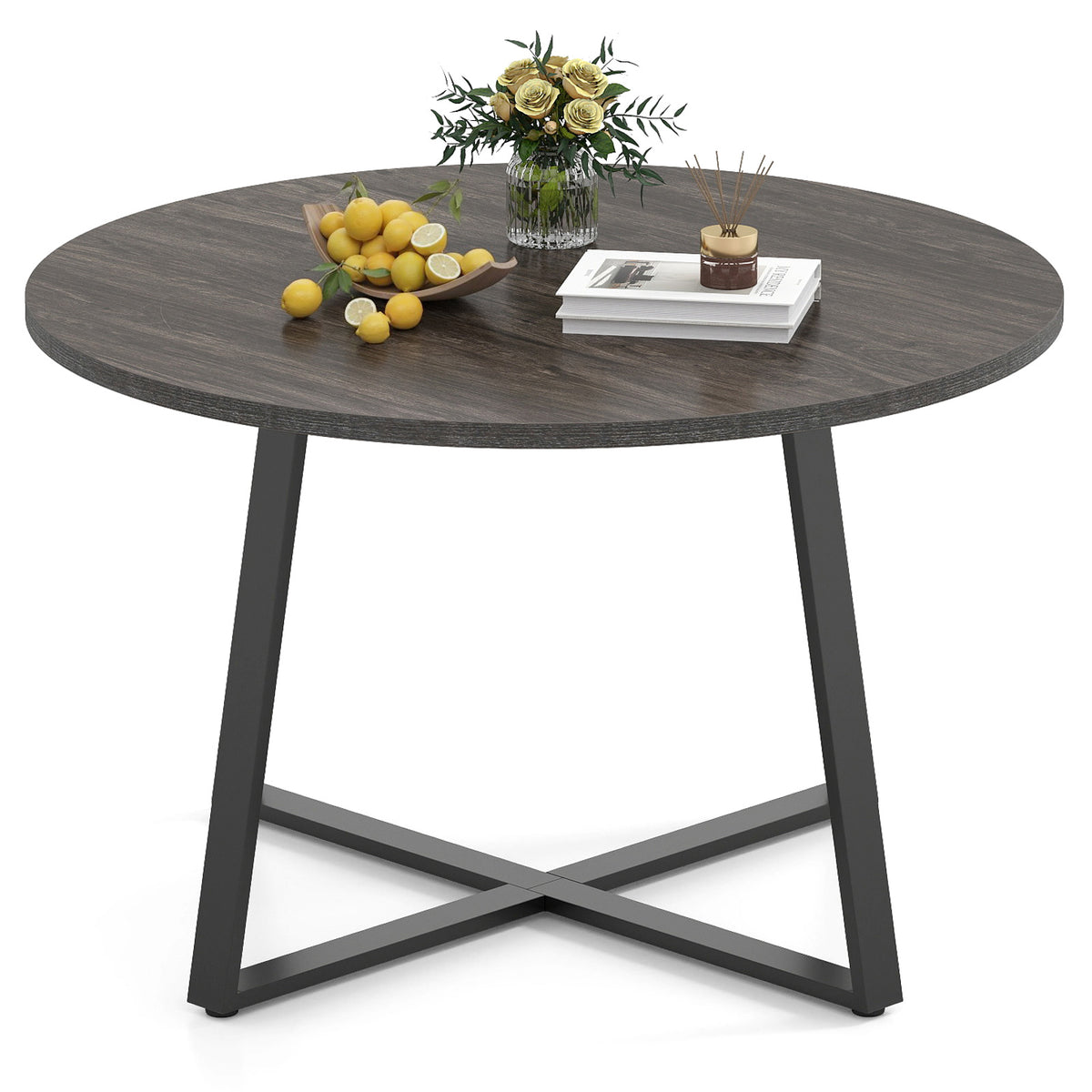 Round Dining Table with Stable X-shaped Base and Round Thickened Tabletop