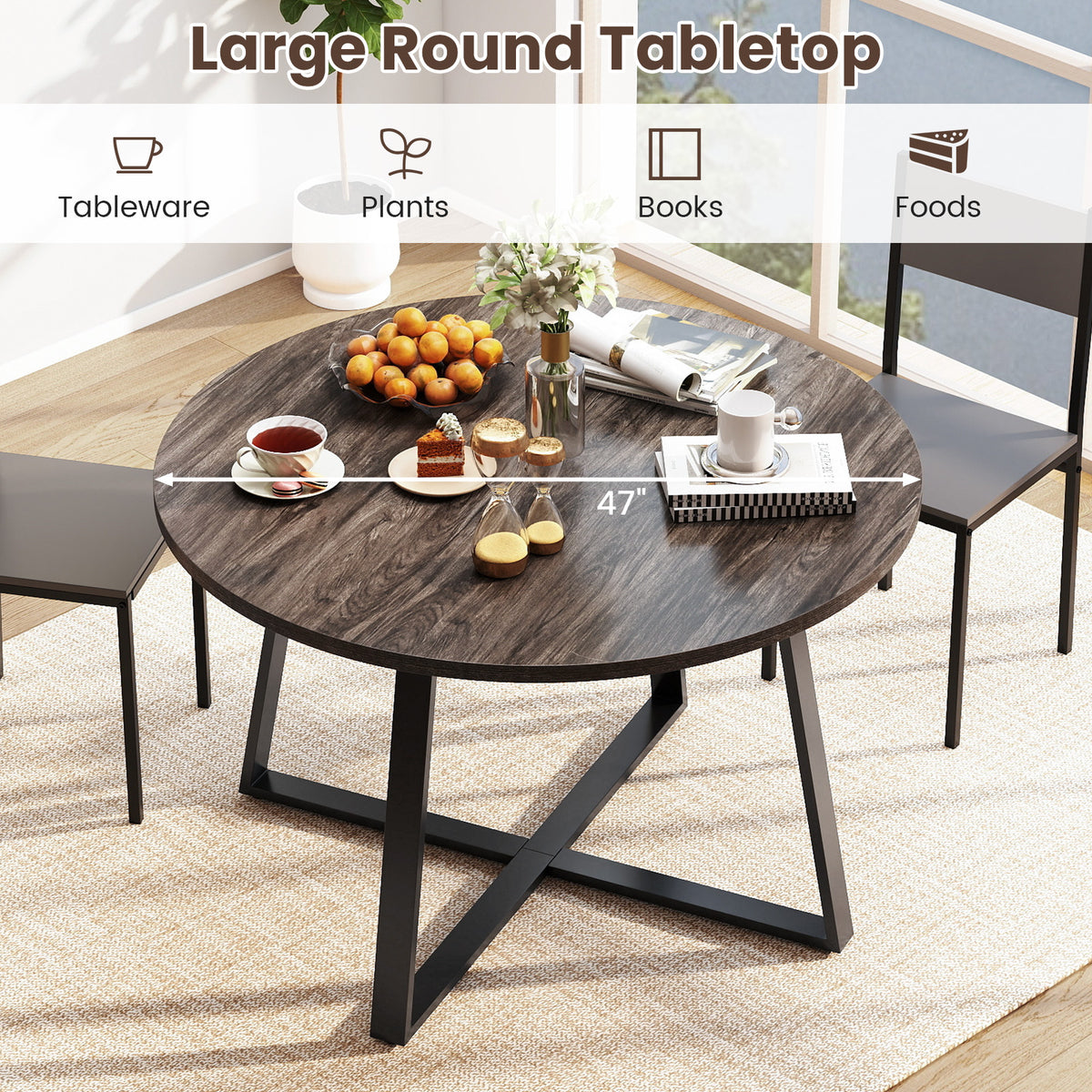 Round Dining Table with Stable X-shaped Base and Round Thickened Tabletop