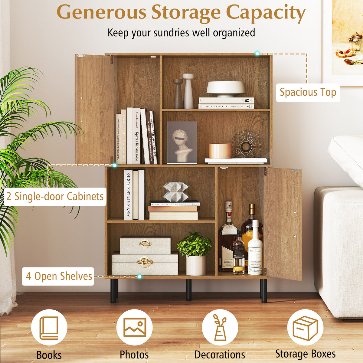 Storage Cabinet Freestanding Bookcase with 2 Doors and 4 Open Shelves