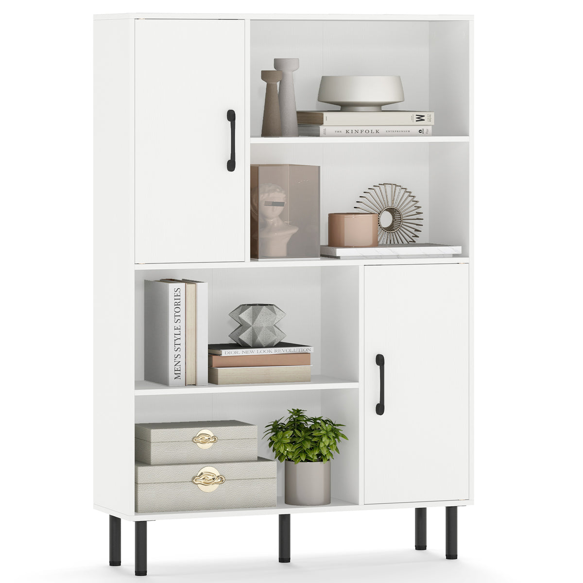 Storage Cabinet Freestanding Bookcase with 2 Doors and 4 Open Shelves