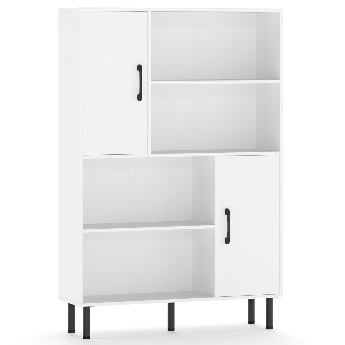 Storage Cabinet Freestanding Bookcase with 2 Doors and 4 Open Shelves