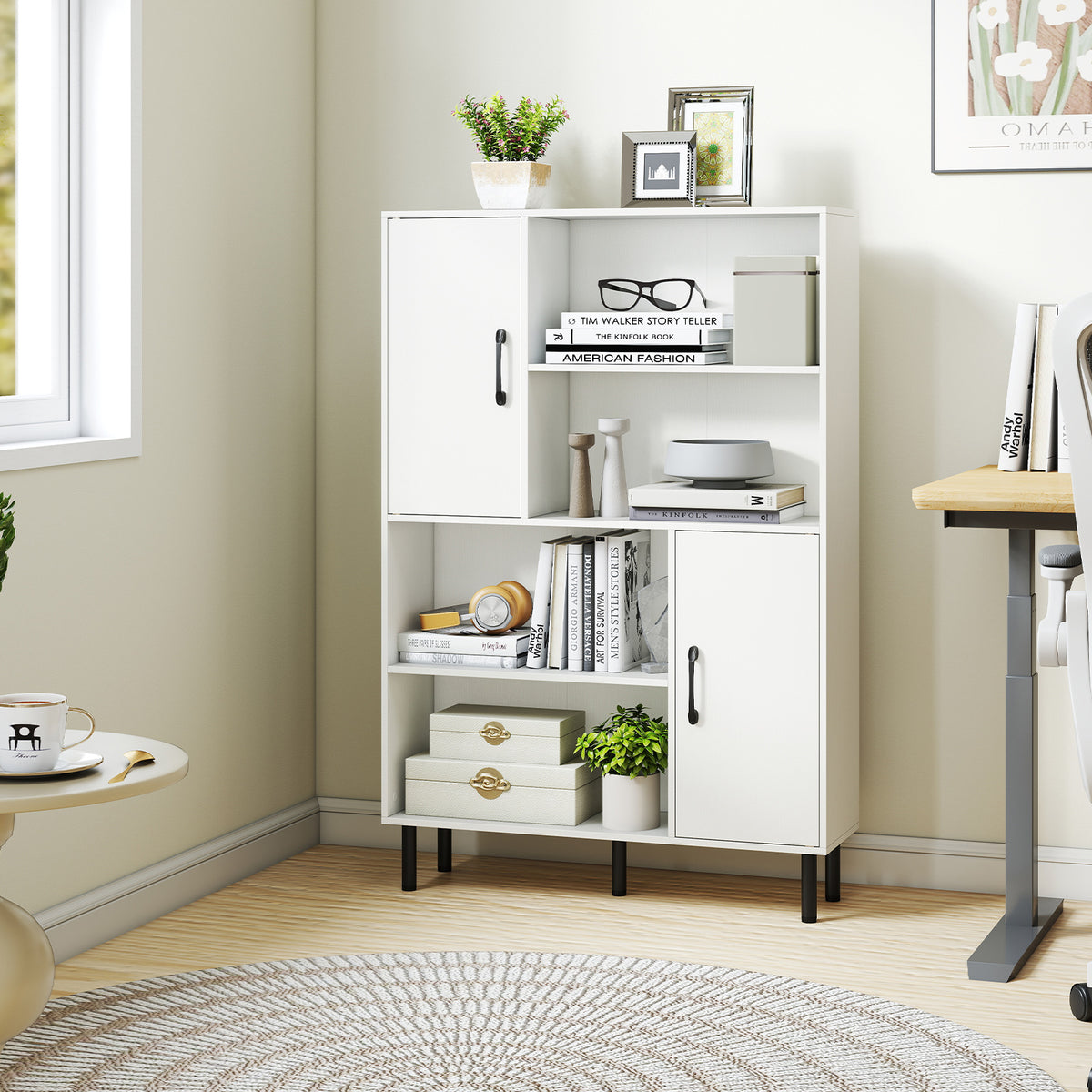Storage Cabinet Freestanding Bookcase with 2 Doors and 4 Open Shelves