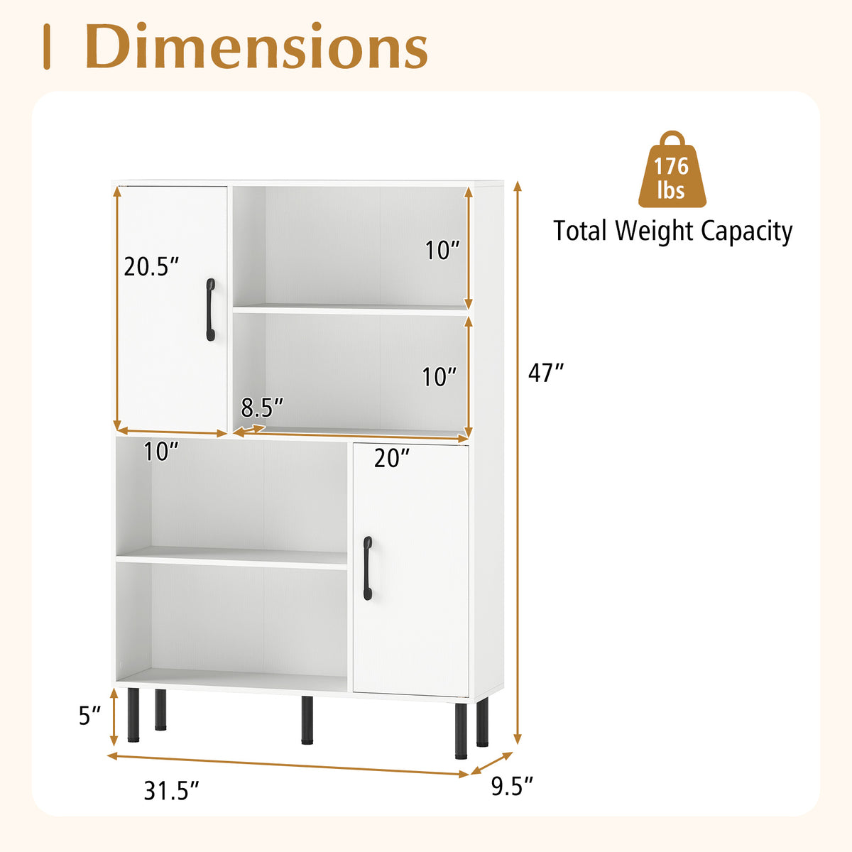 Storage Cabinet Freestanding Bookcase with 2 Doors and 4 Open Shelves