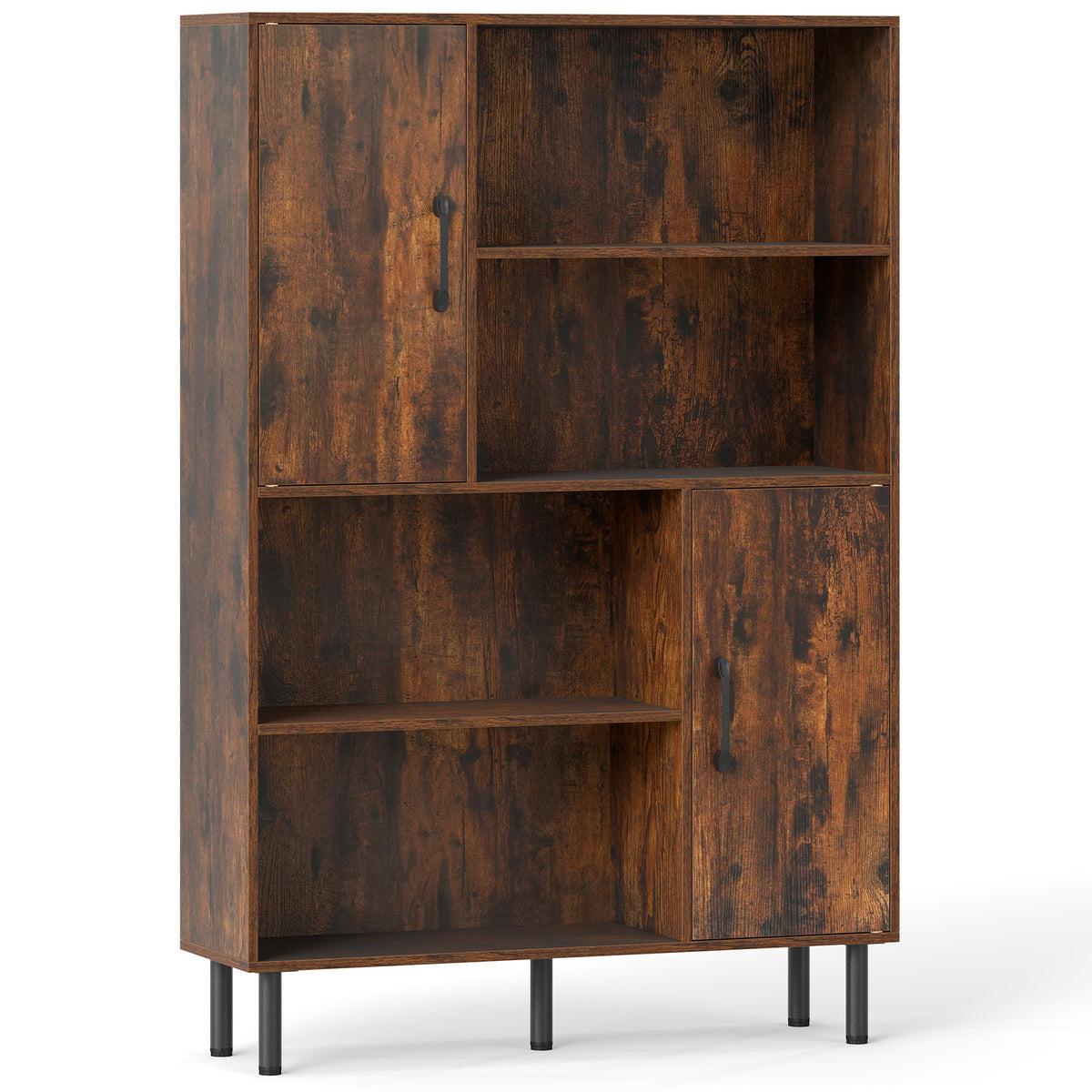 Storage Cabinet Freestanding Bookcase with 2 Doors and 4 Open Shelves