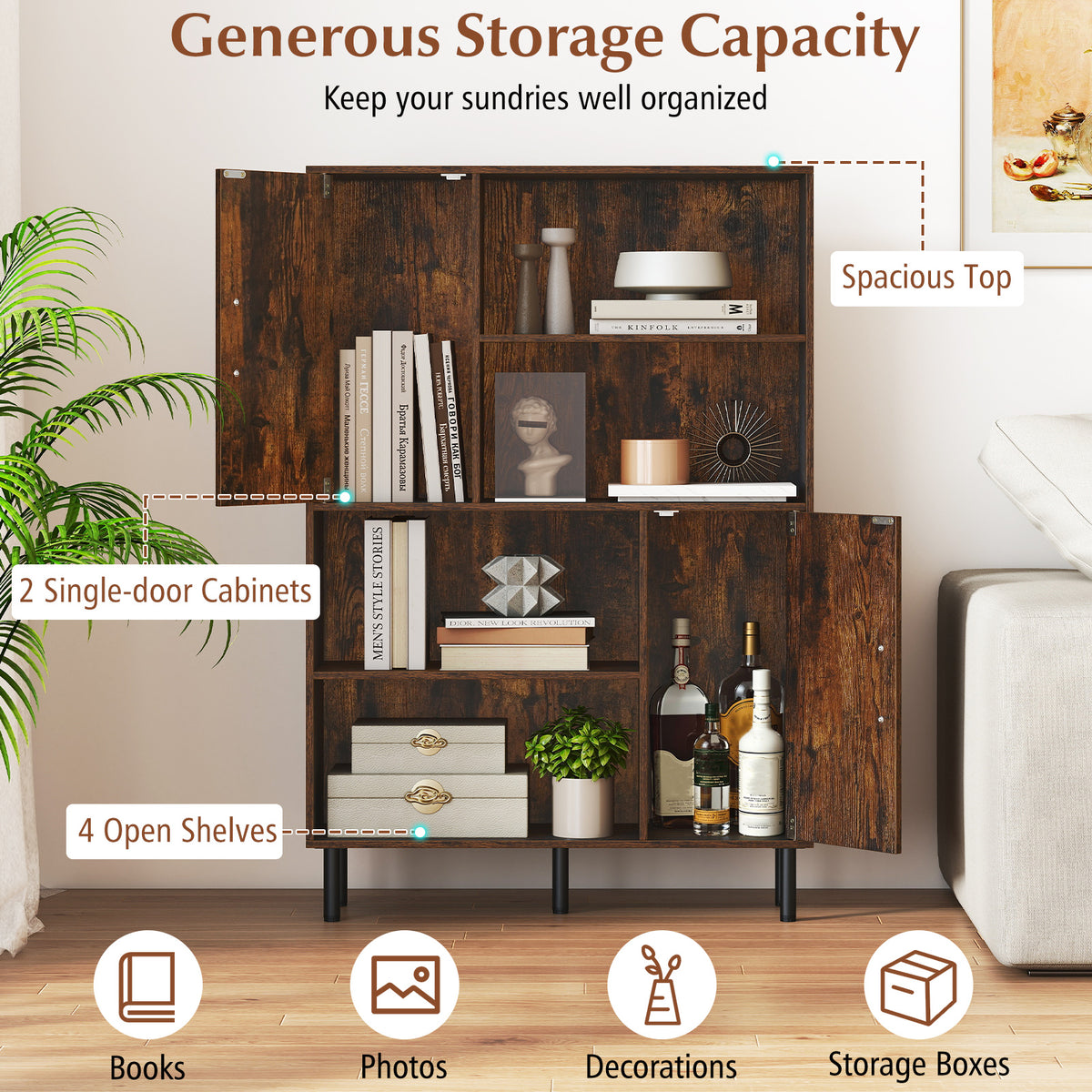 Storage Cabinet Freestanding Bookcase with 2 Doors and 4 Open Shelves