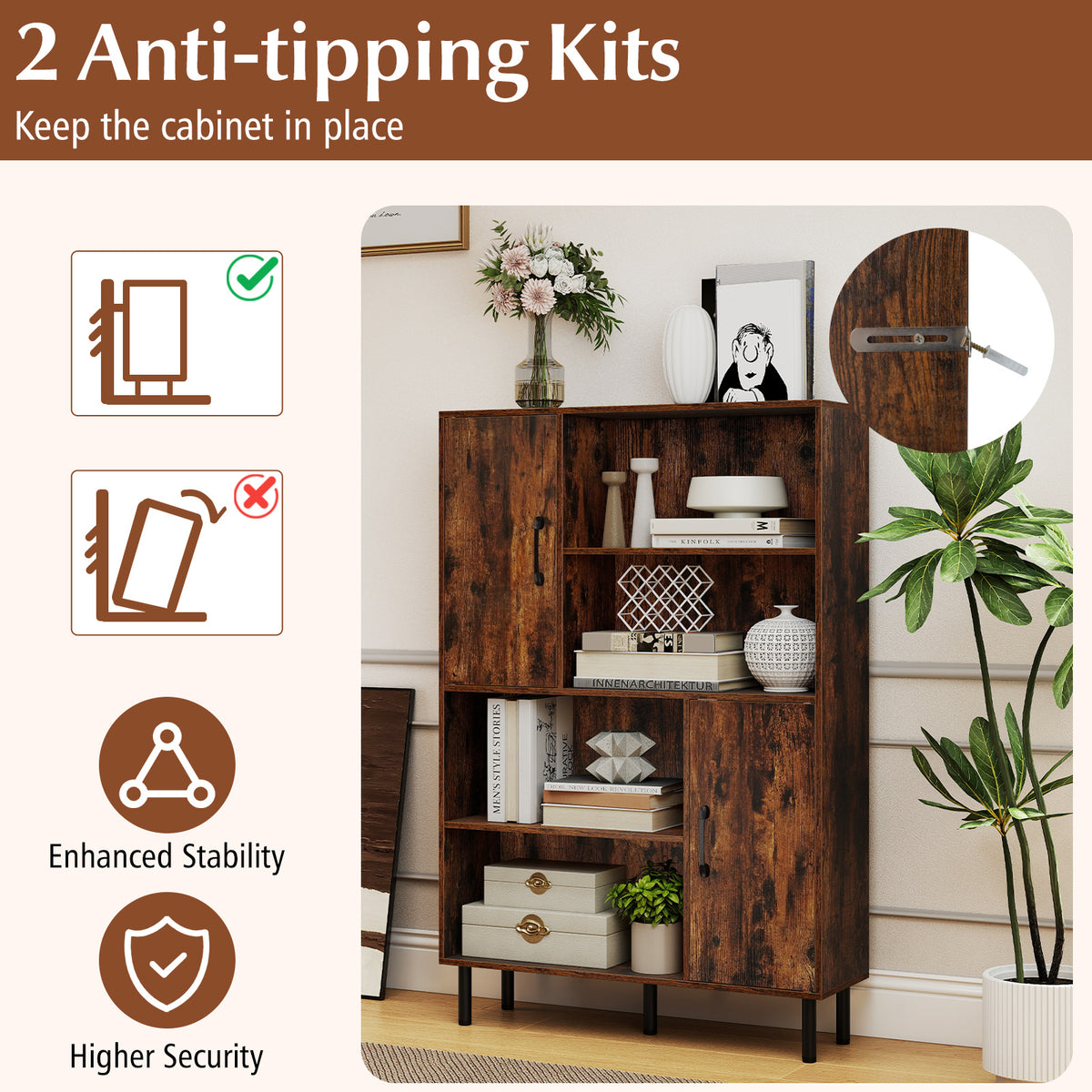 Storage Cabinet Freestanding Bookcase with 2 Doors and 4 Open Shelves