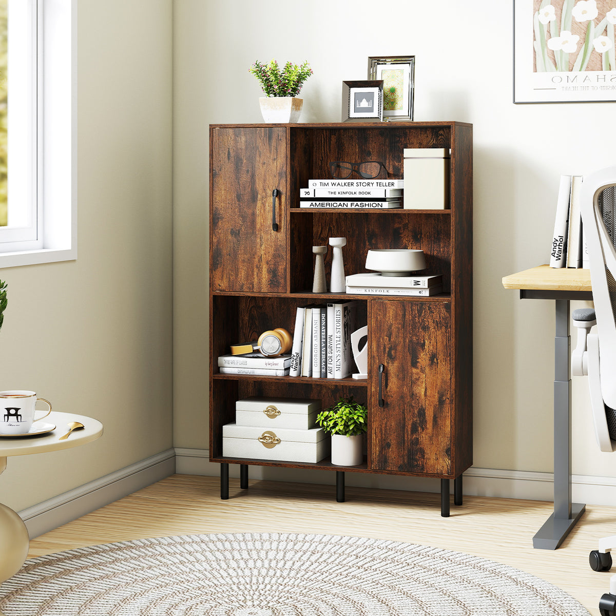 Storage Cabinet Freestanding Bookcase with 2 Doors and 4 Open Shelves