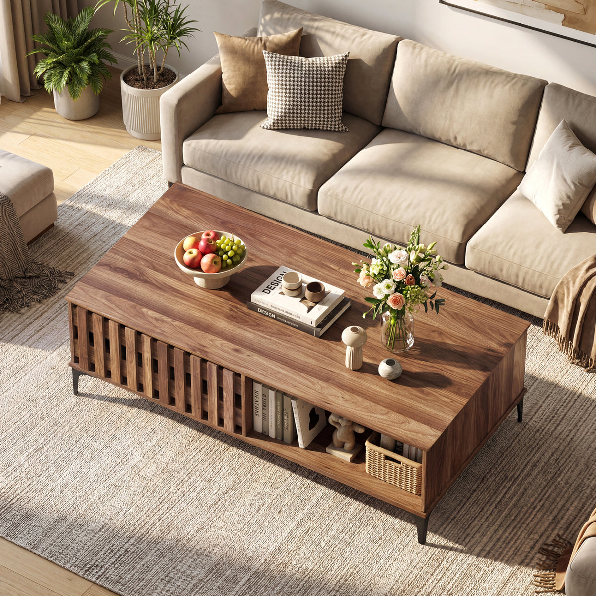 47 Inches Mid Century Coffee Table Farmhouse Wooden Center Table-Walnut