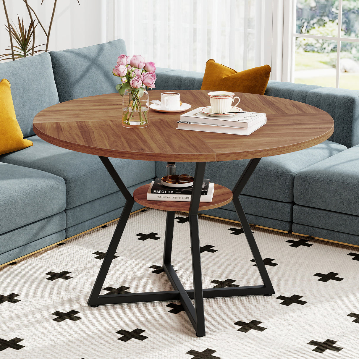 47" Round Dining Table for 4 with Storage Shelf-Brown
