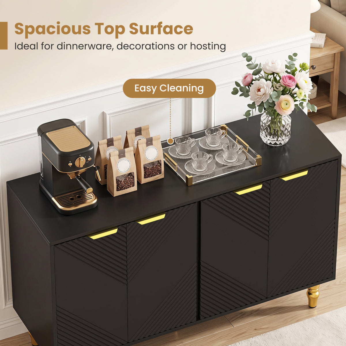 47" Sideboard Buffet Cabinet with 4 Chevron Fluted Doors & Anti-Toppling Devices for Kitchen