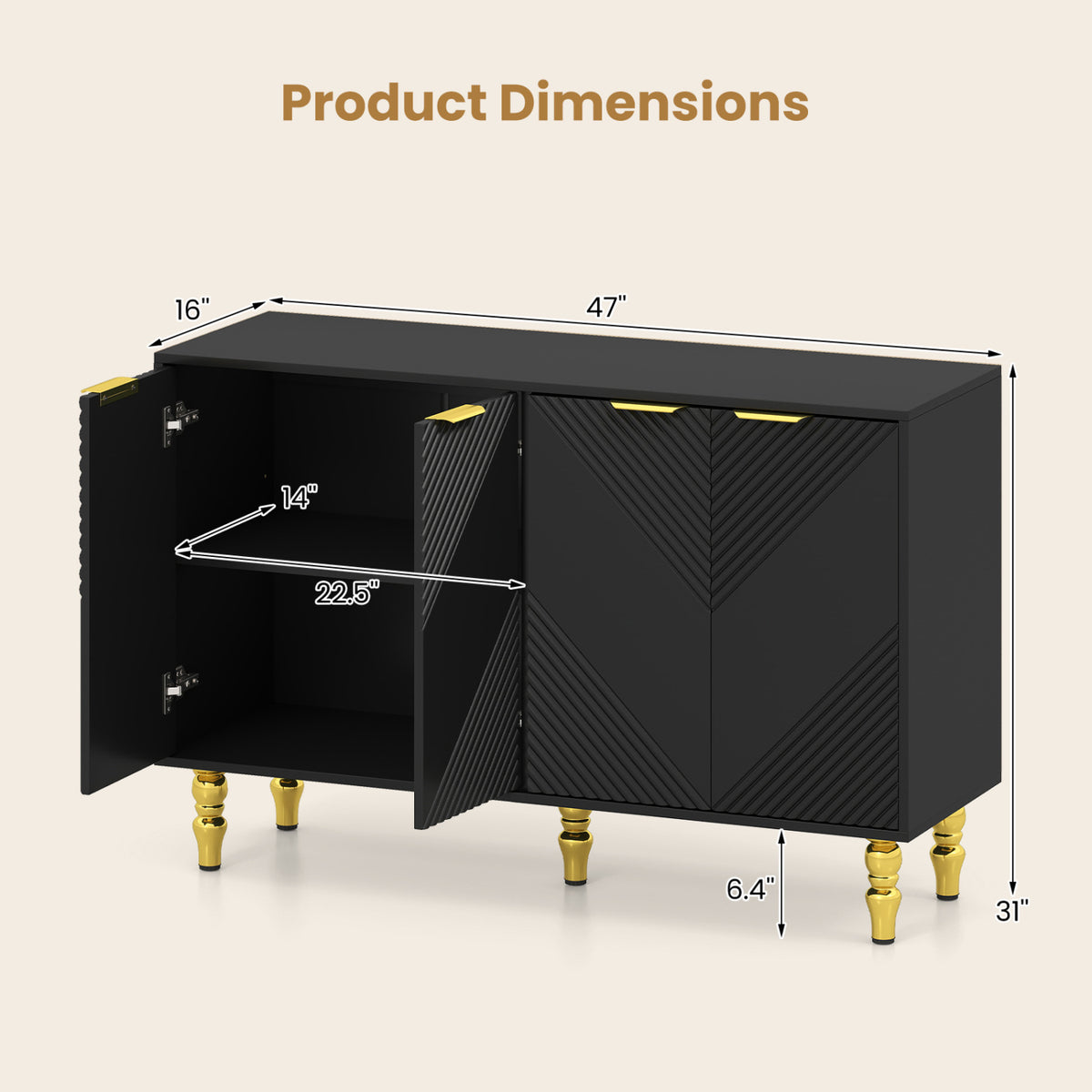 47" Sideboard Buffet Cabinet with 4 Chevron Fluted Doors & Anti-Toppling Devices for Kitchen
