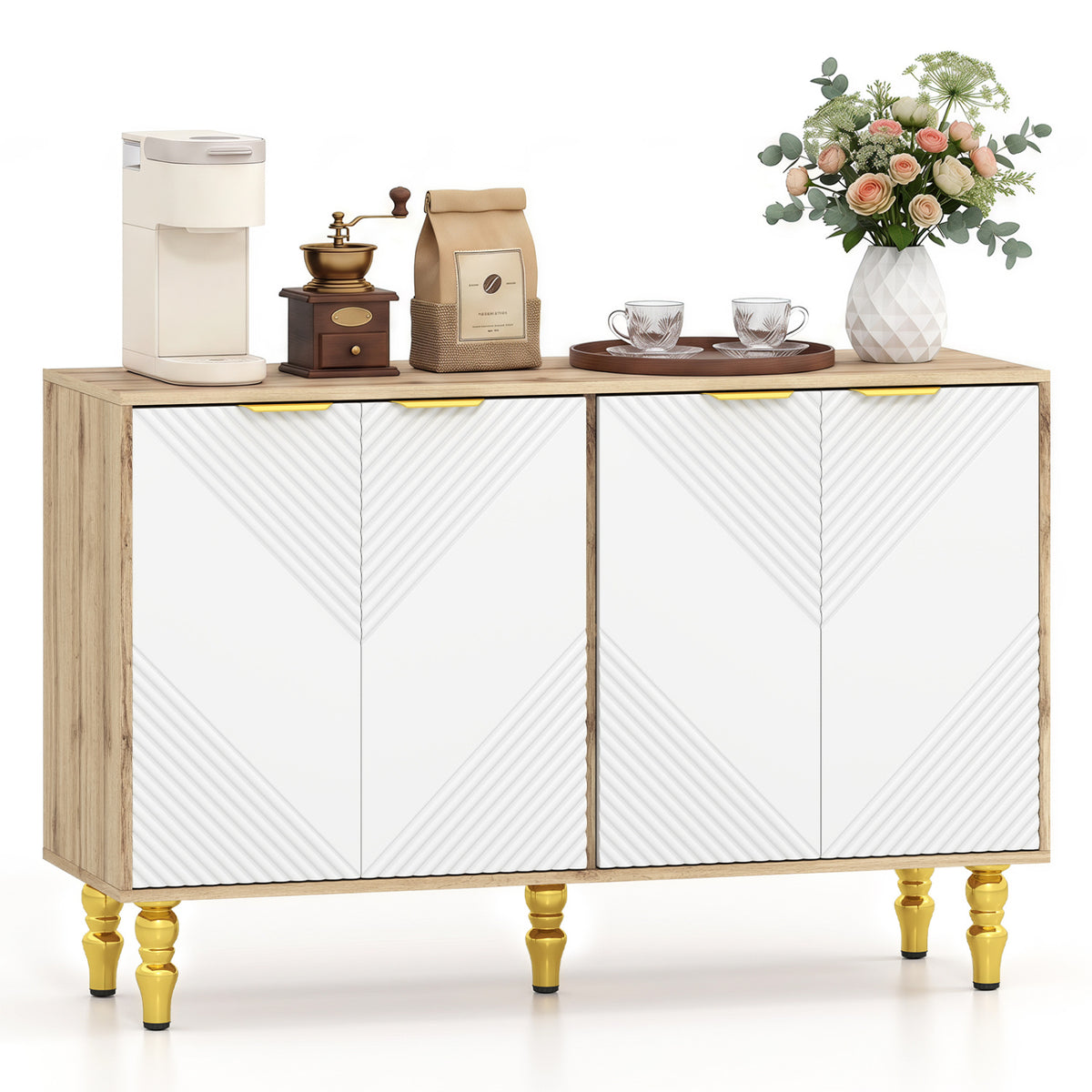 47" Sideboard Buffet Cabinet with 4 Chevron Fluted Doors & Anti-Toppling Devices for Kitchen