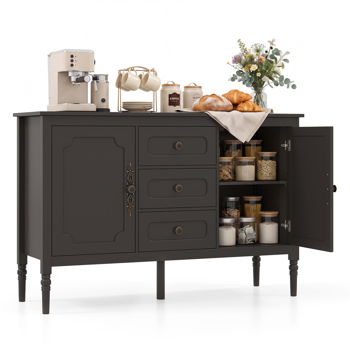 47" Vintage Buffet Cabinet with 3 Drawers 2 Cabinets and Adjustable Shelves for Dining Room