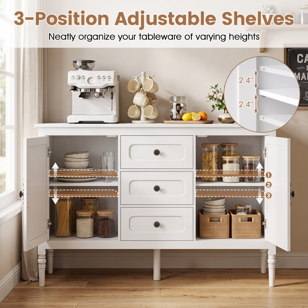 47" Vintage Buffet Cabinet with 3 Drawers 2 Cabinets and Adjustable Shelves for Dining Room