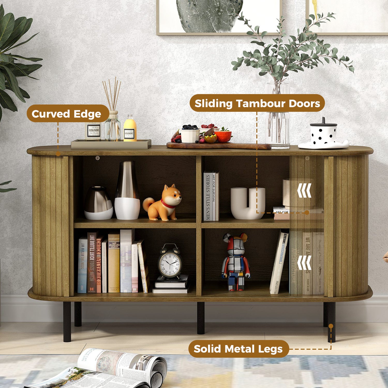 47 Inch Sideboard Buffet Cabinet with Adjustable Shelves for Kitchen Dining Room Living Room Entryway-Oak