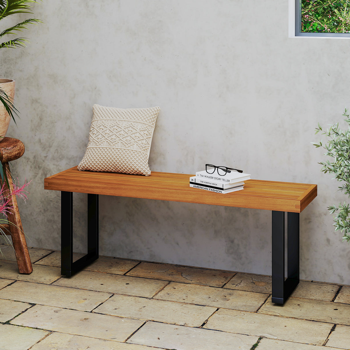 Acacia Wood Outdoor Bench 48 Inch Long Patio Dining Bench