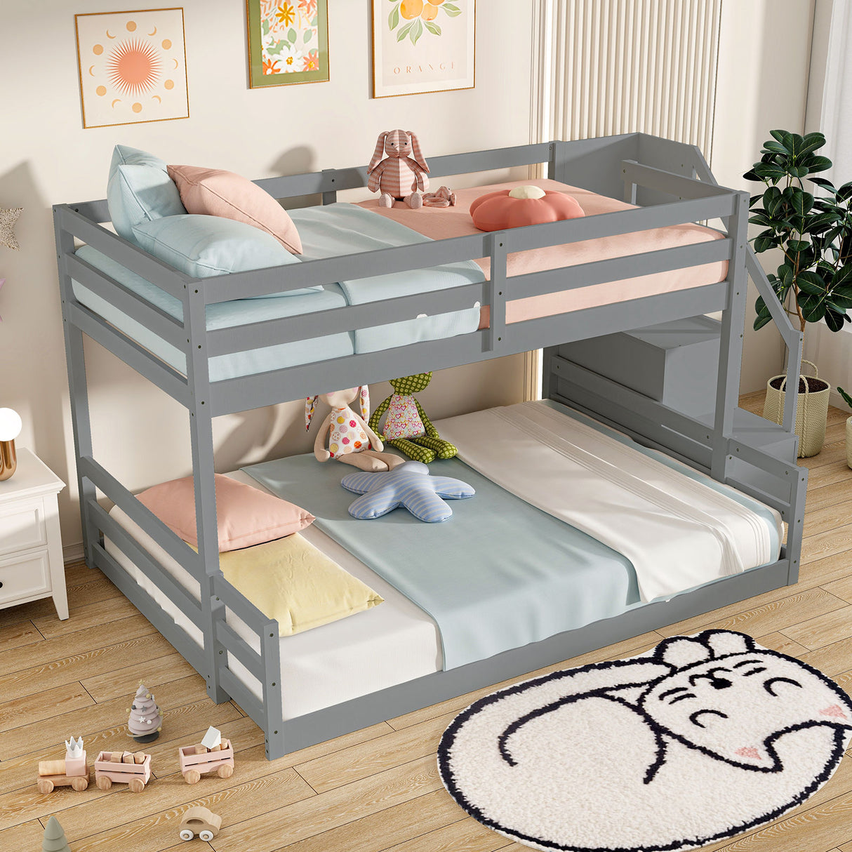 Solid Wood Twin Over Full Low Bunk Bed with Storage Stairs