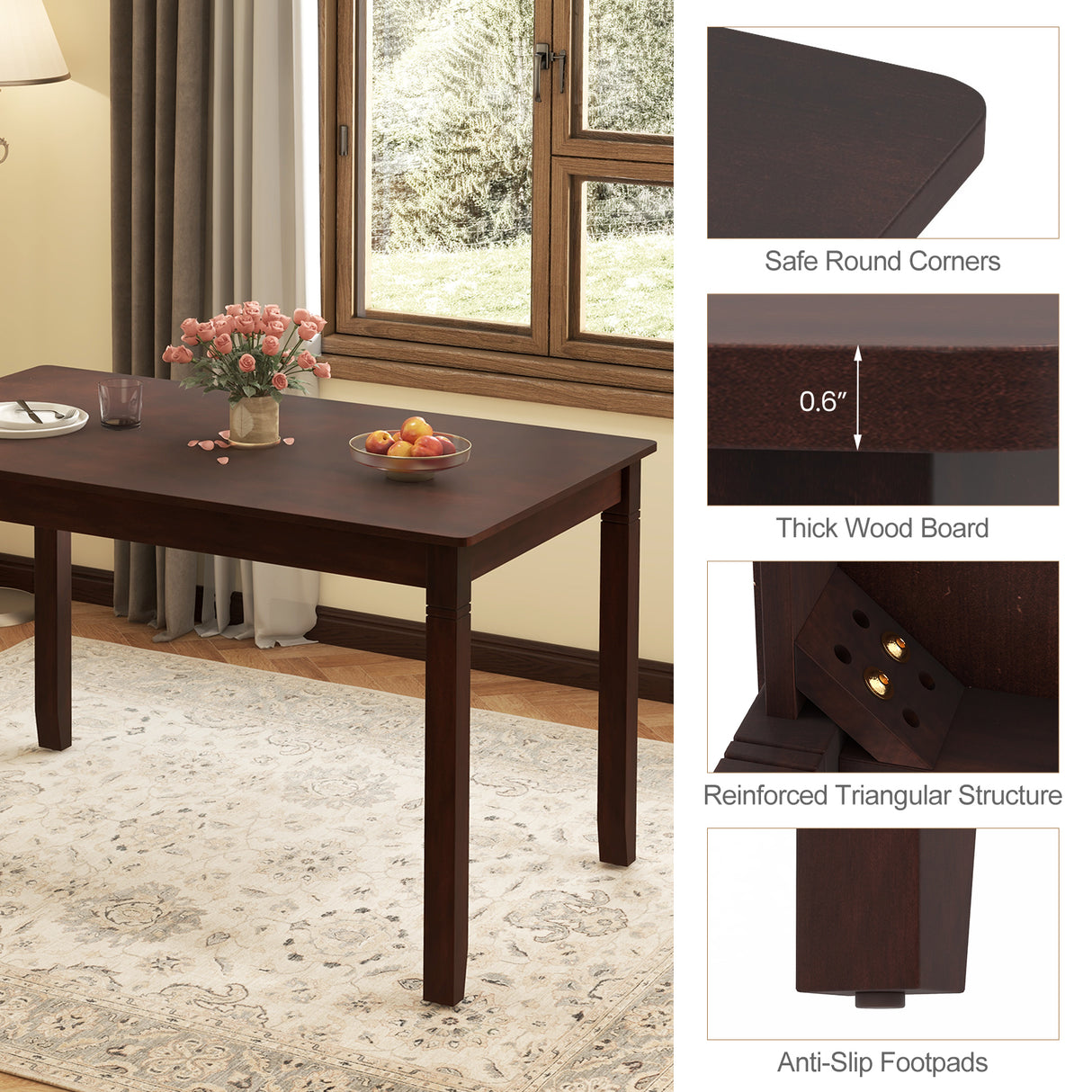 48-Inch Wooden Dining Table for 4 People Rectangular Kitchen Table with Rubber Wood Legs