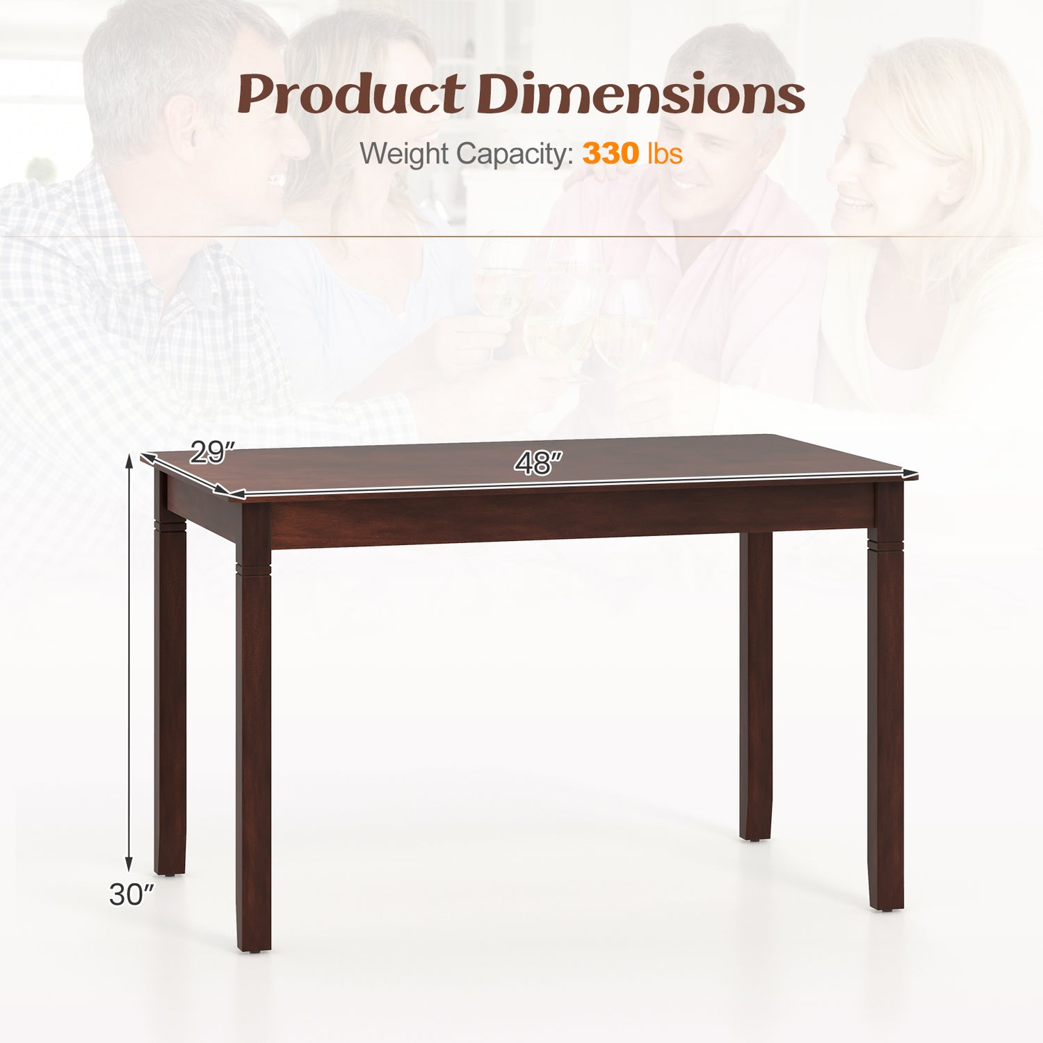 48-Inch Wooden Dining Table for 4 People Rectangular Kitchen Table with Rubber Wood Legs