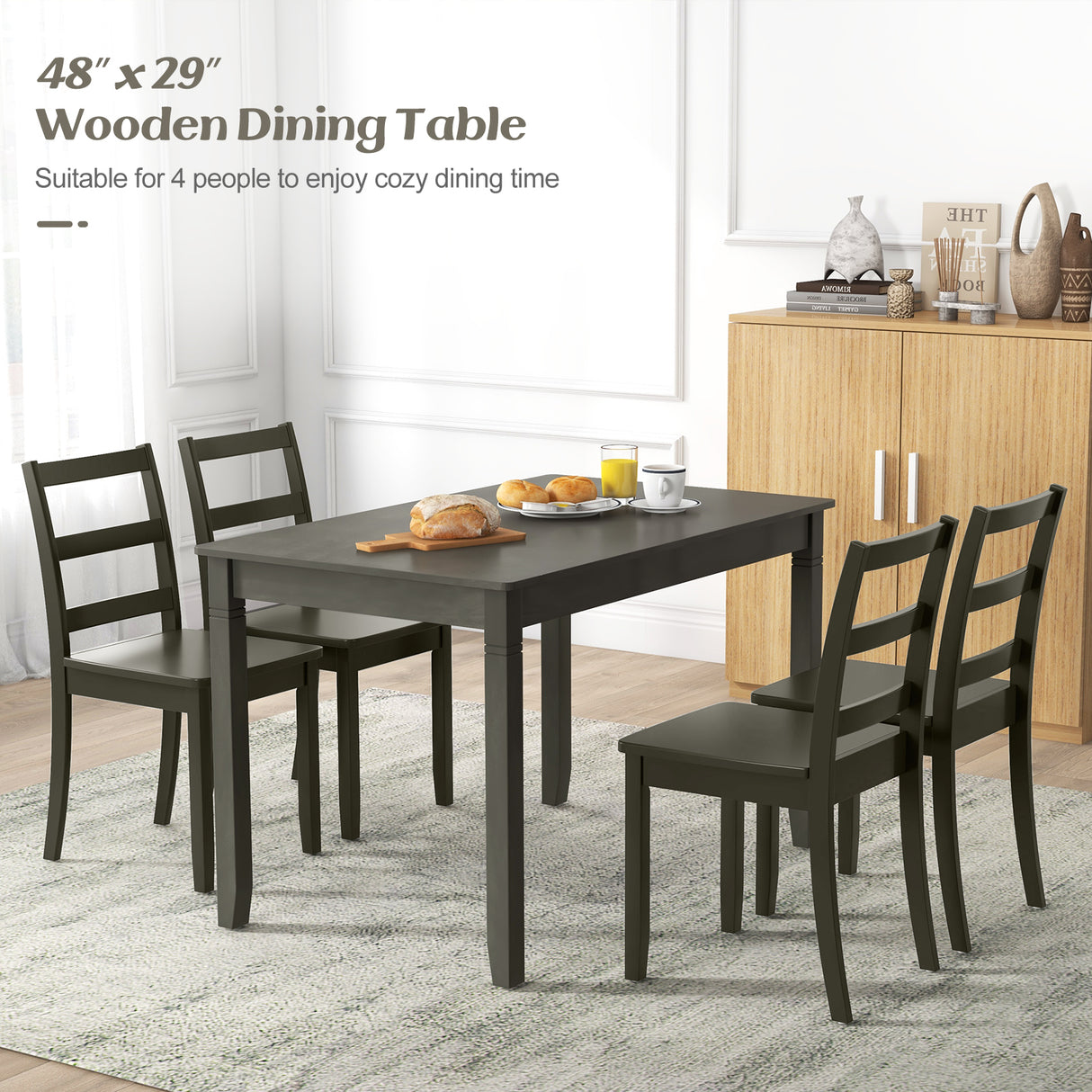 48-Inch Wooden Dining Table for 4 People Rectangular Kitchen Table with Rubber Wood Legs