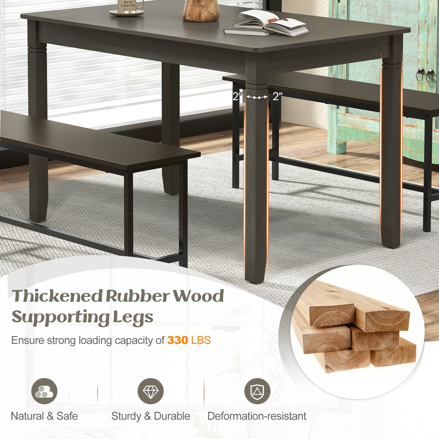 48-Inch Wooden Dining Table for 4 People Rectangular Kitchen Table with Rubber Wood Legs
