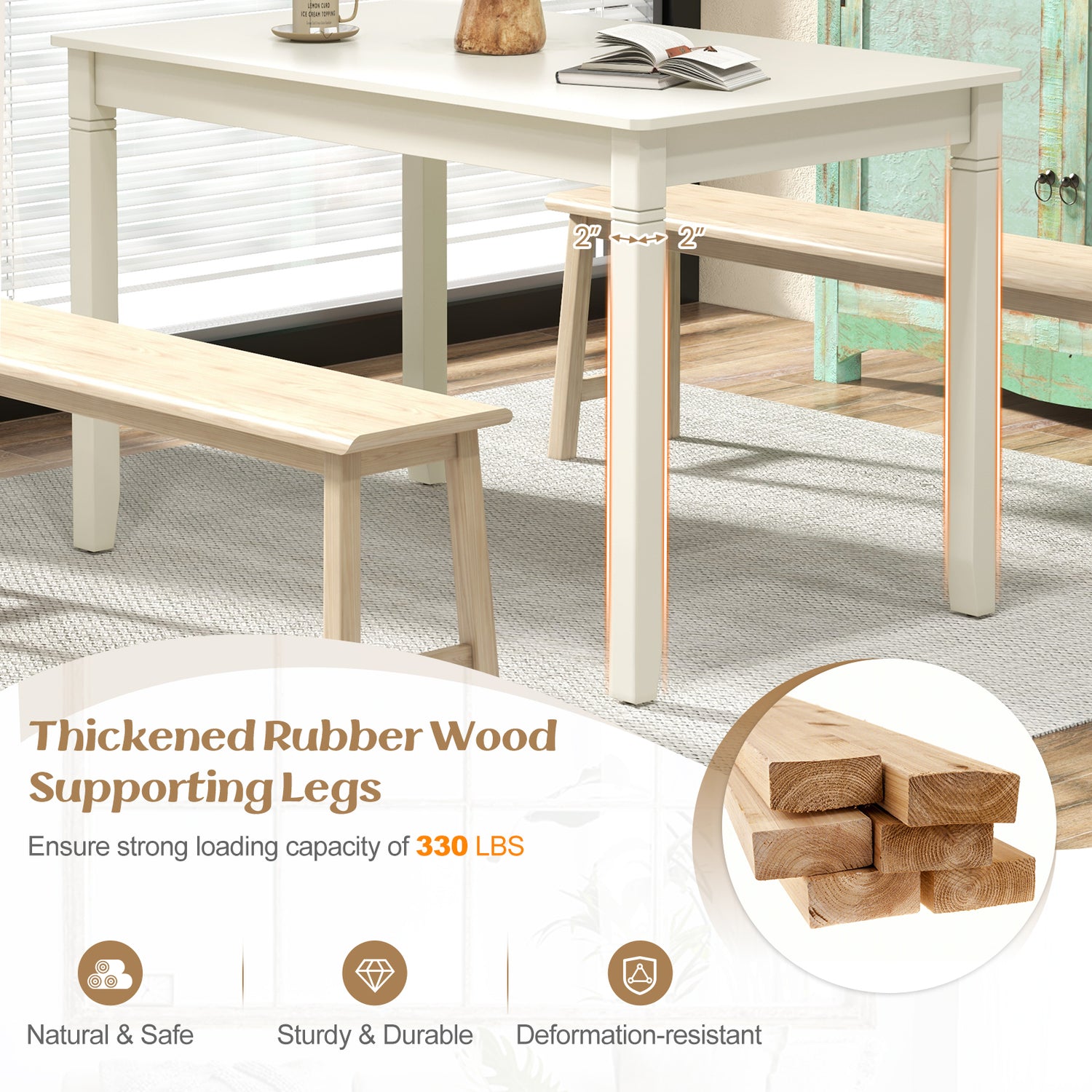 48-Inch Wooden Dining Table for 4 People Rectangular Kitchen Table with Rubber Wood Legs