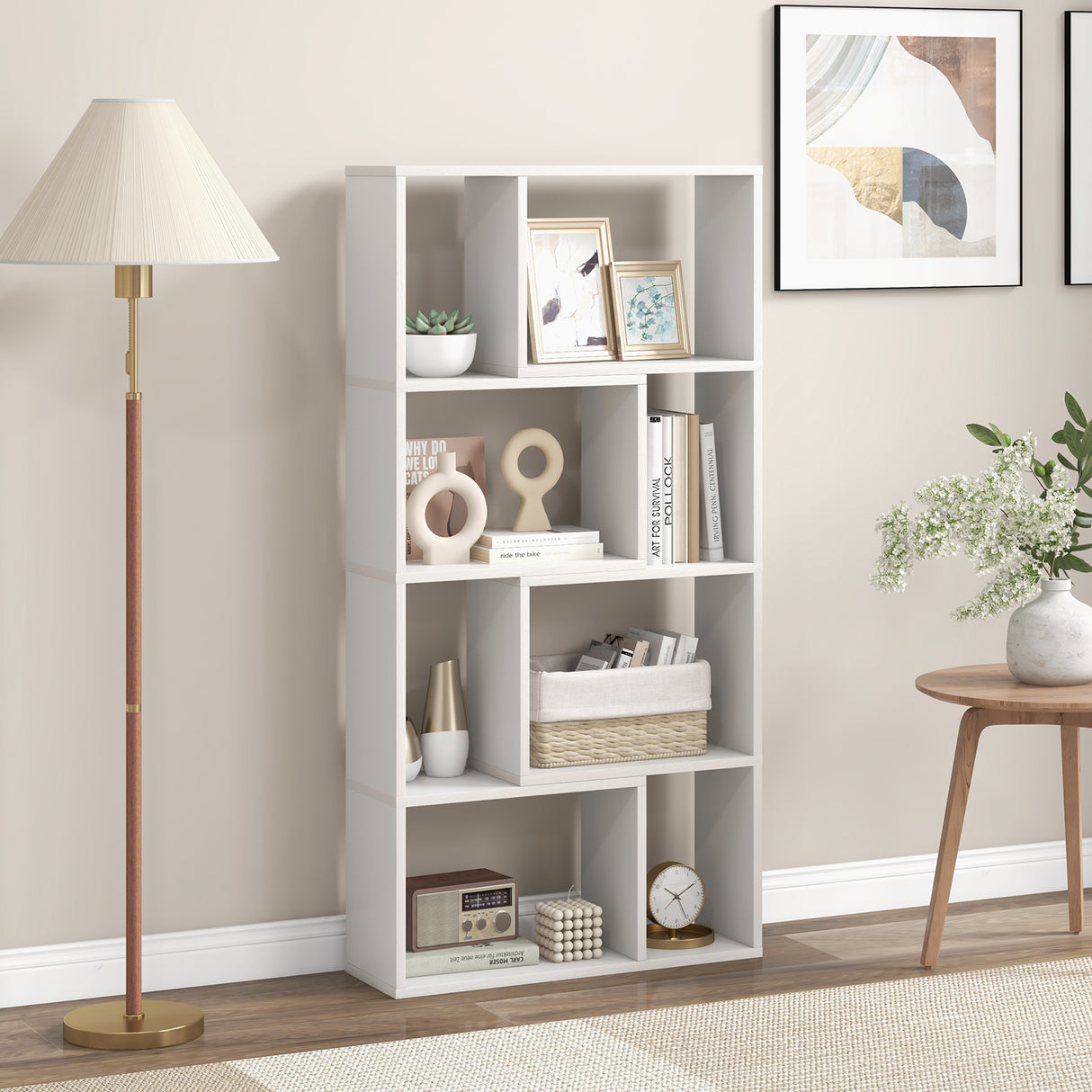 48 Inch 4-Tier Geometric Bookshelf with 8 Cubes for Living Room Bedroom