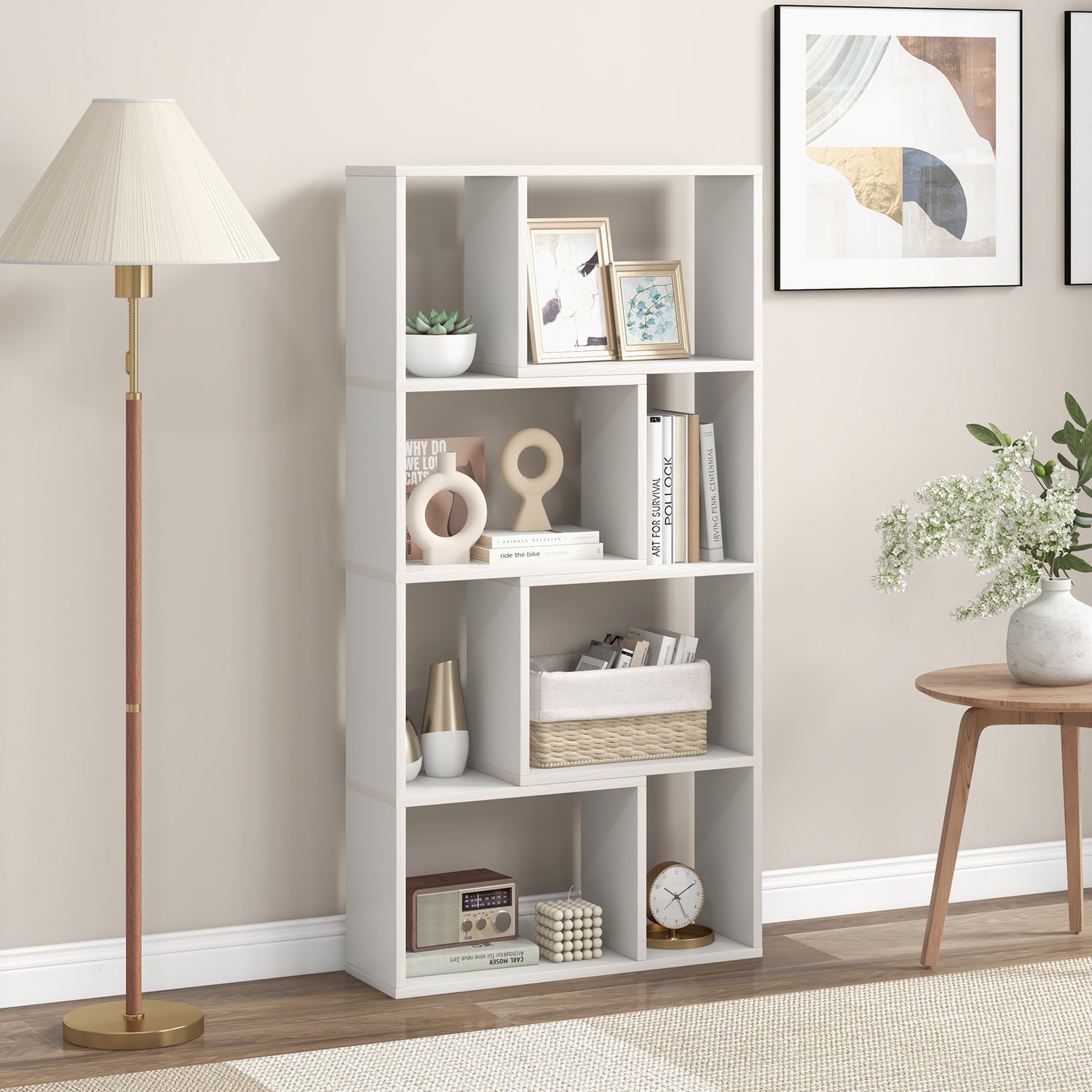 48 Inch 4-Tier Geometric Bookshelf with 8 Cubes for Living Room Bedroom