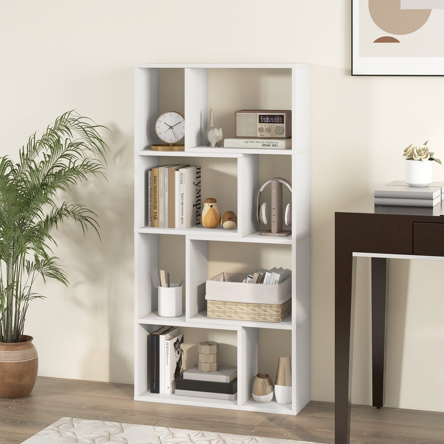 48 Inch 4-Tier Geometric Bookshelf with 8 Cubes for Living Room Bedroom