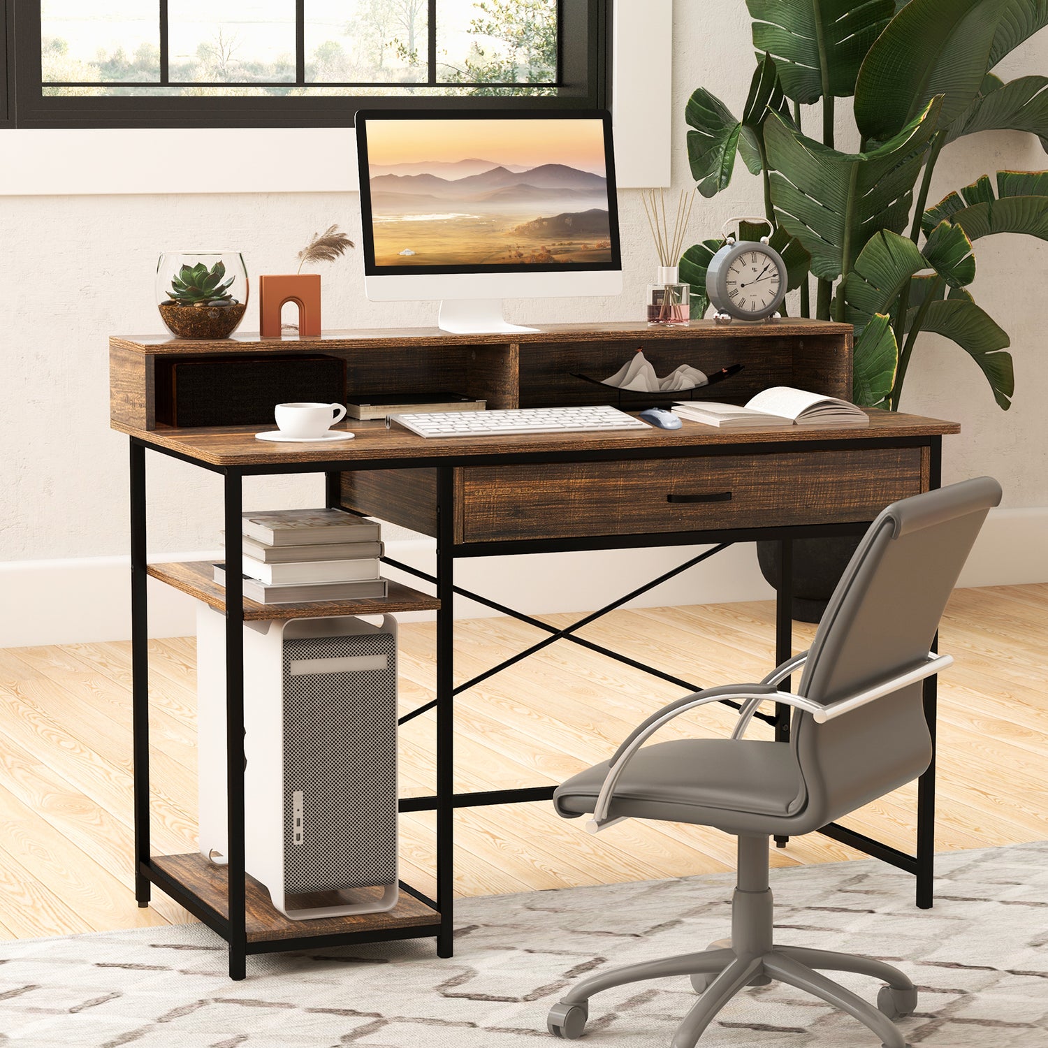 48 Inch Computer Desk with Monitor Stand Drawer and Shelves