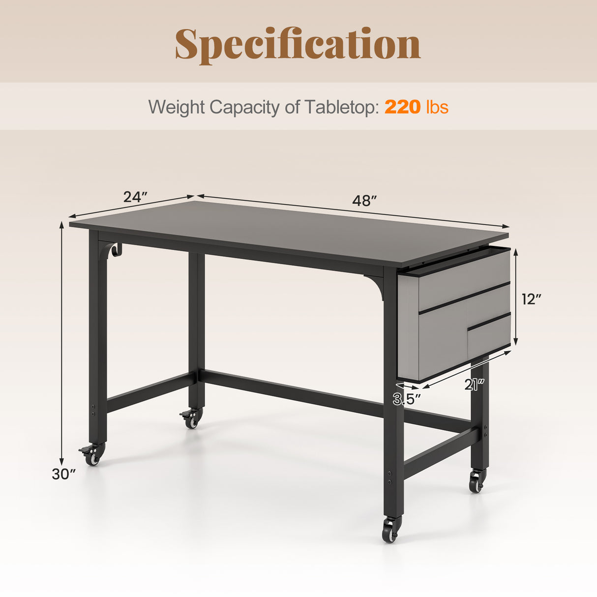 48 Inch Rolling Computer Desk with Heavy-duty Metal Frame for Home and Office
