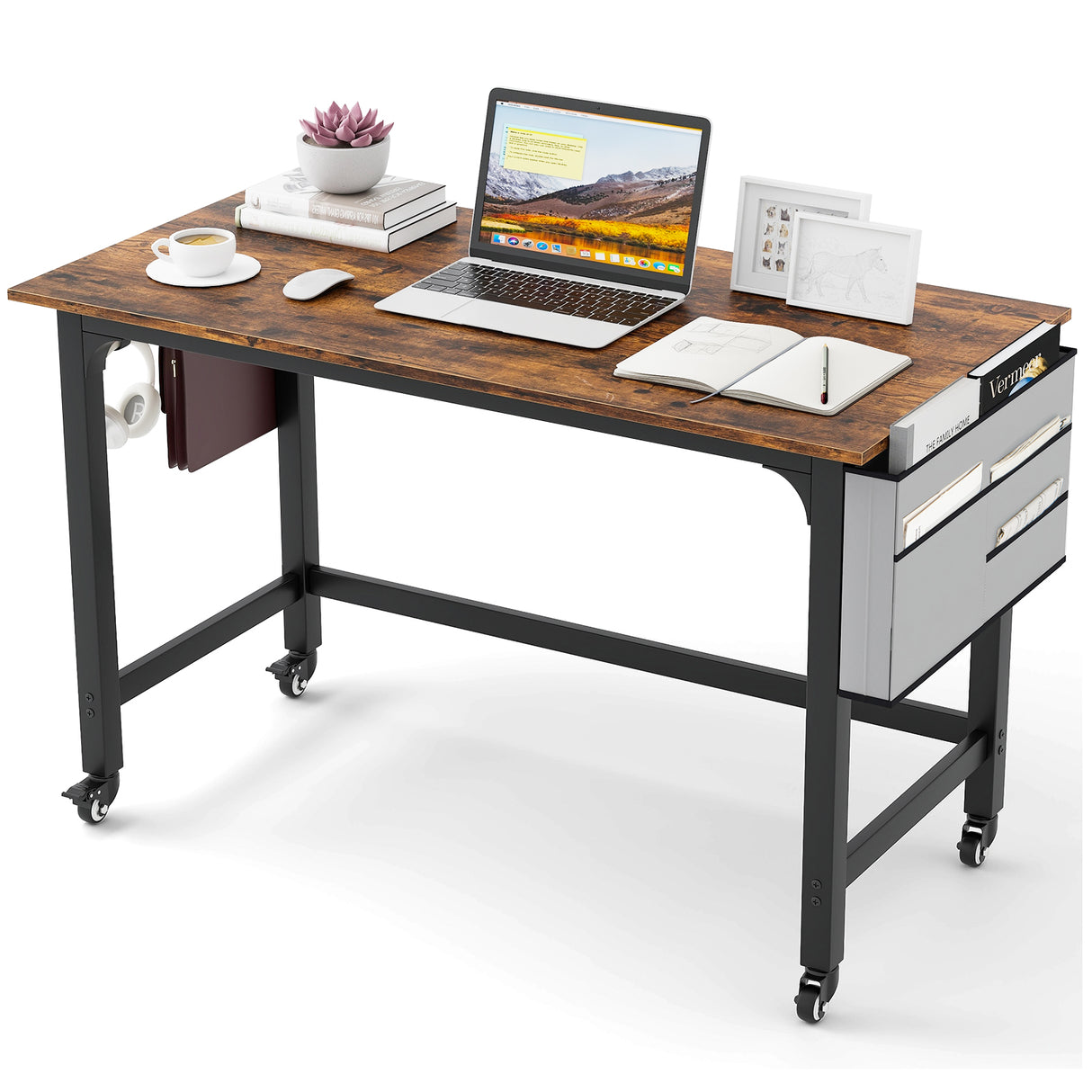 48 Inch Rolling Computer Desk with Heavy-duty Metal Frame for Home and Office