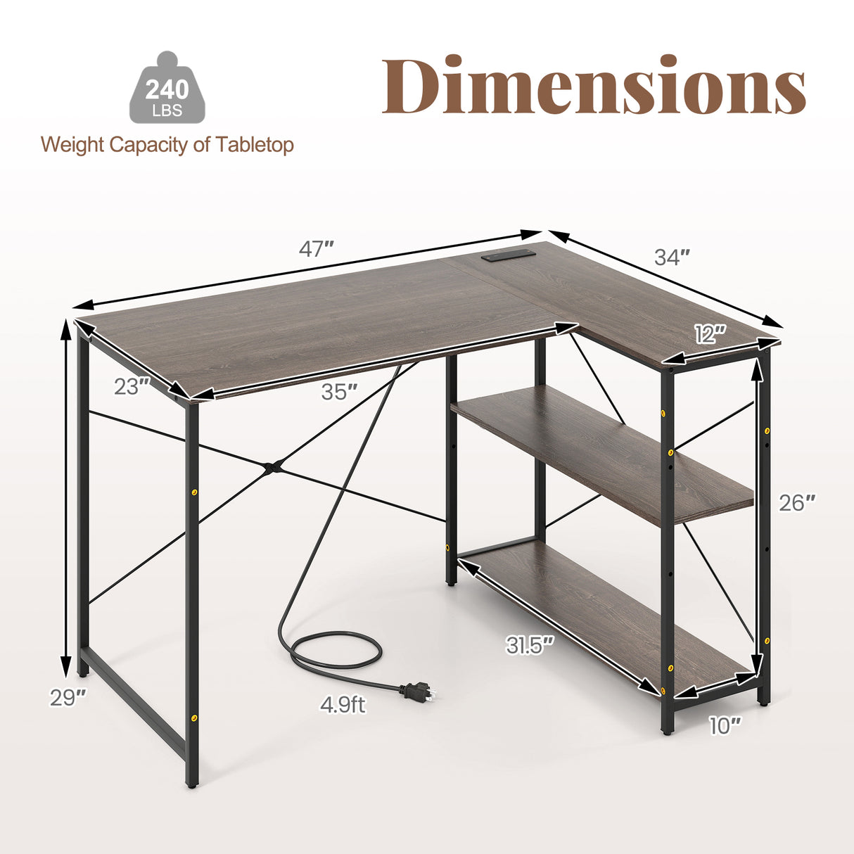 48 Inch Reversible L Shaped Computer Desk with Adjustable Shelf-Gray