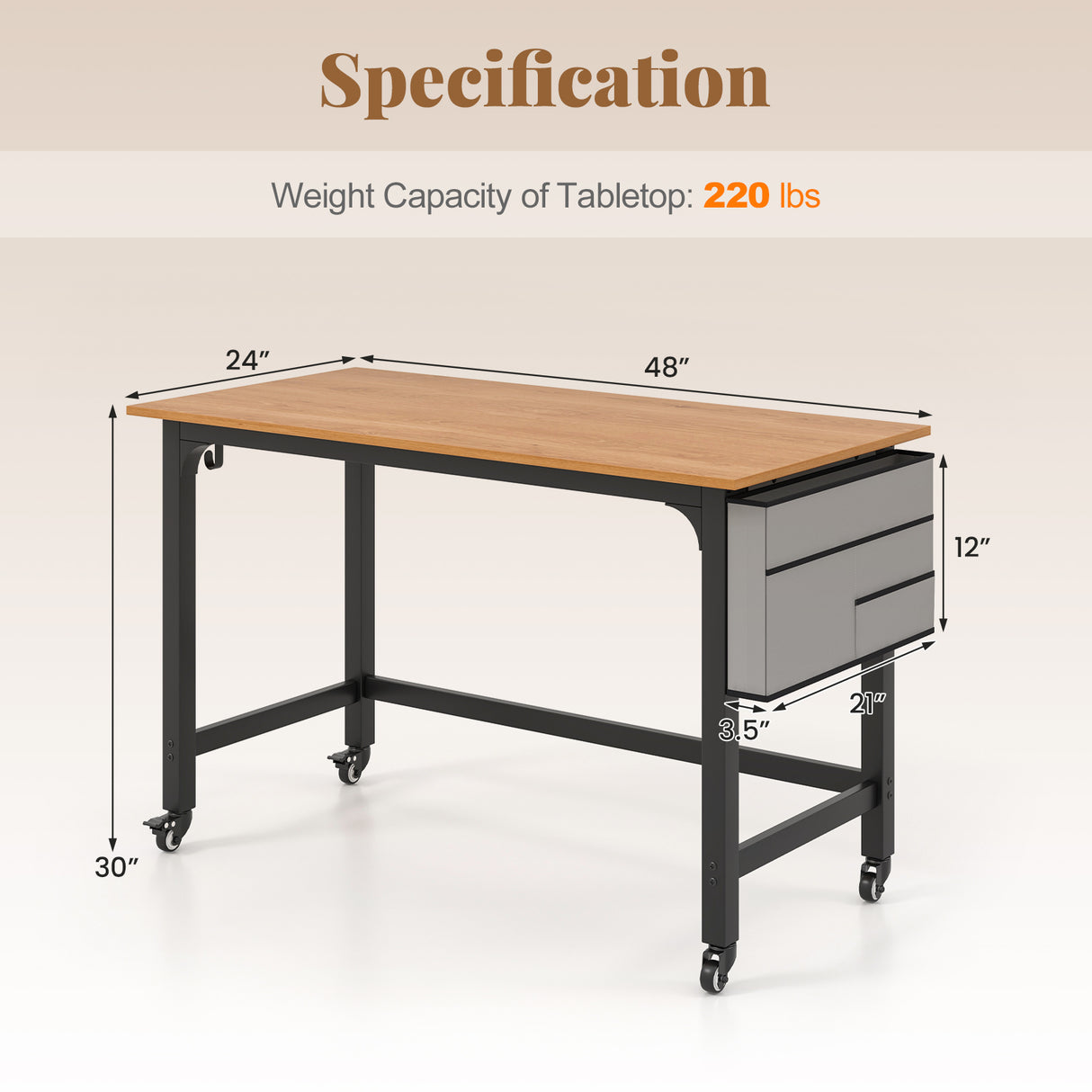 48 Inch Rolling Computer Desk with Heavy-duty Metal Frame for Home and Office