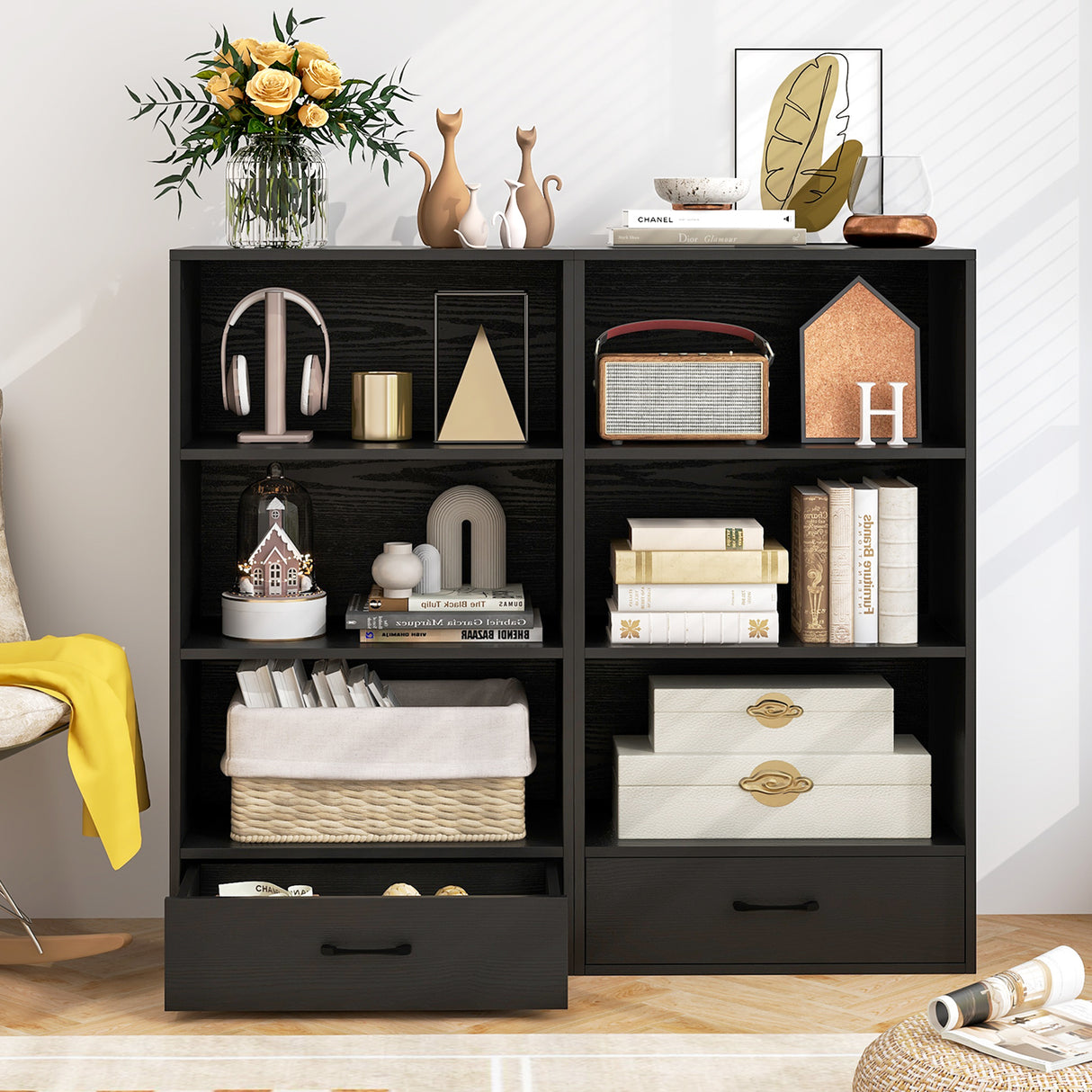 48 Inch Tall 4 Tiers Wood Bookcase with Drawer
