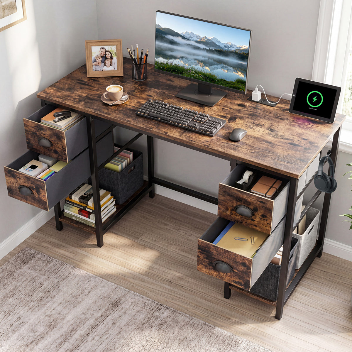 Computer Desk with Power Outlet Home Office Desk with 4 Fabric Drawers