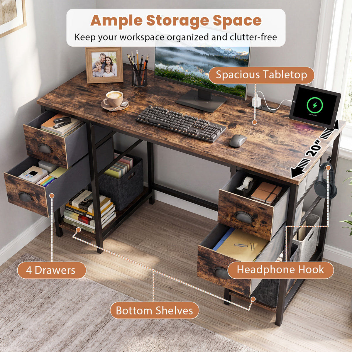 Computer Desk with Power Outlet Home Office Desk with 4 Fabric Drawers