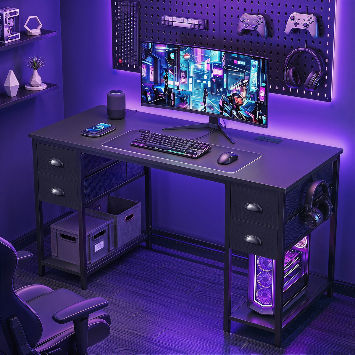 Computer Desk with Power Outlet Home Office Desk with 4 Fabric Drawers