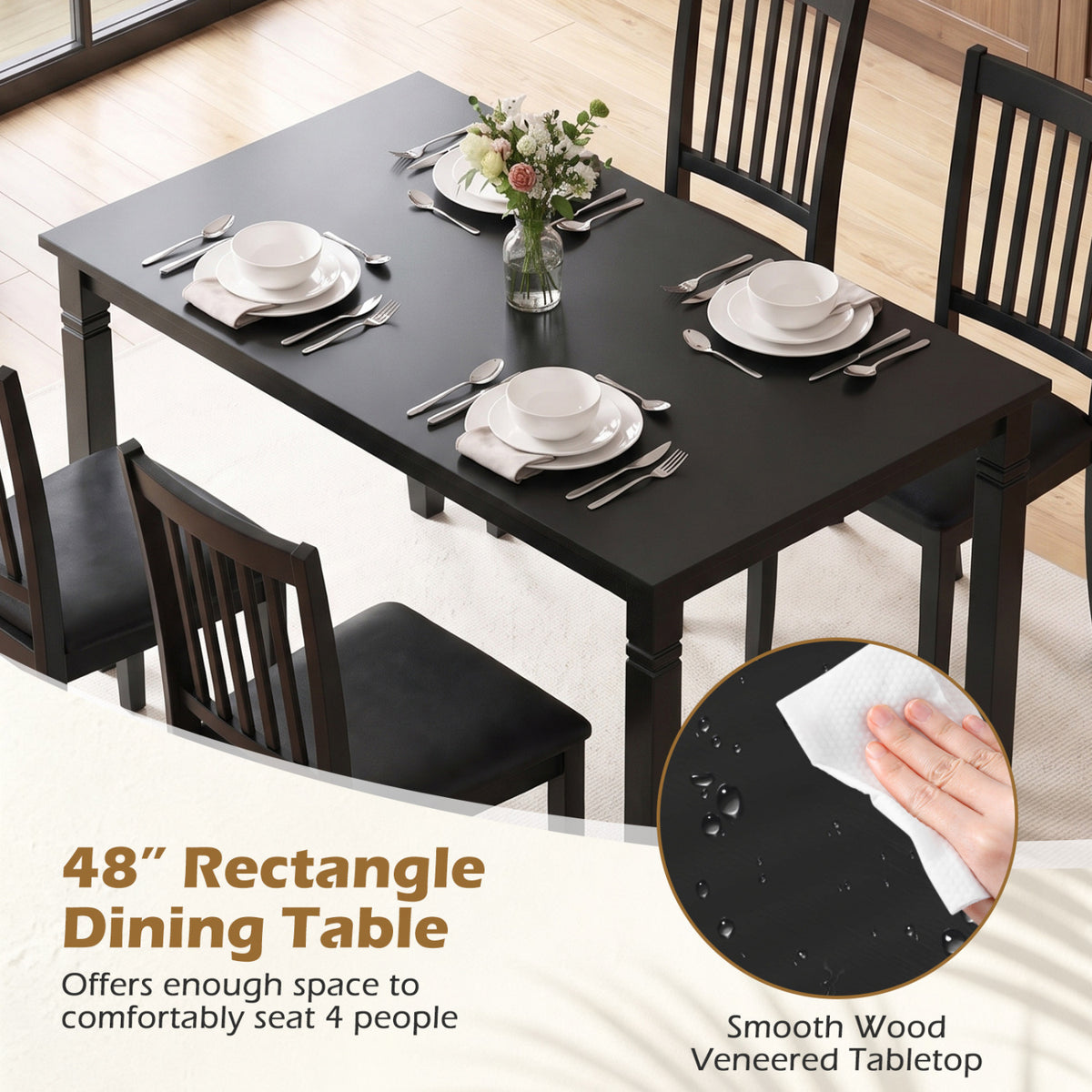 48" Rectangular Kitchen Table with Solid Rubber Wood Legs for Dining Room-Black