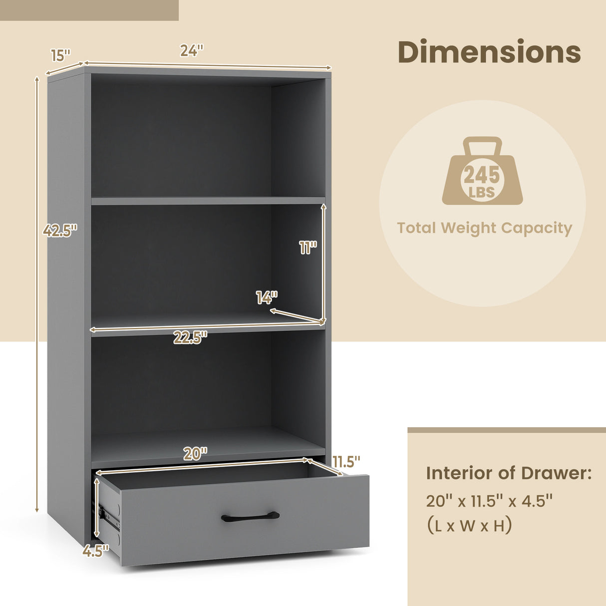 48 Inch Tall 4 Tiers Wood Bookcase with Drawer
