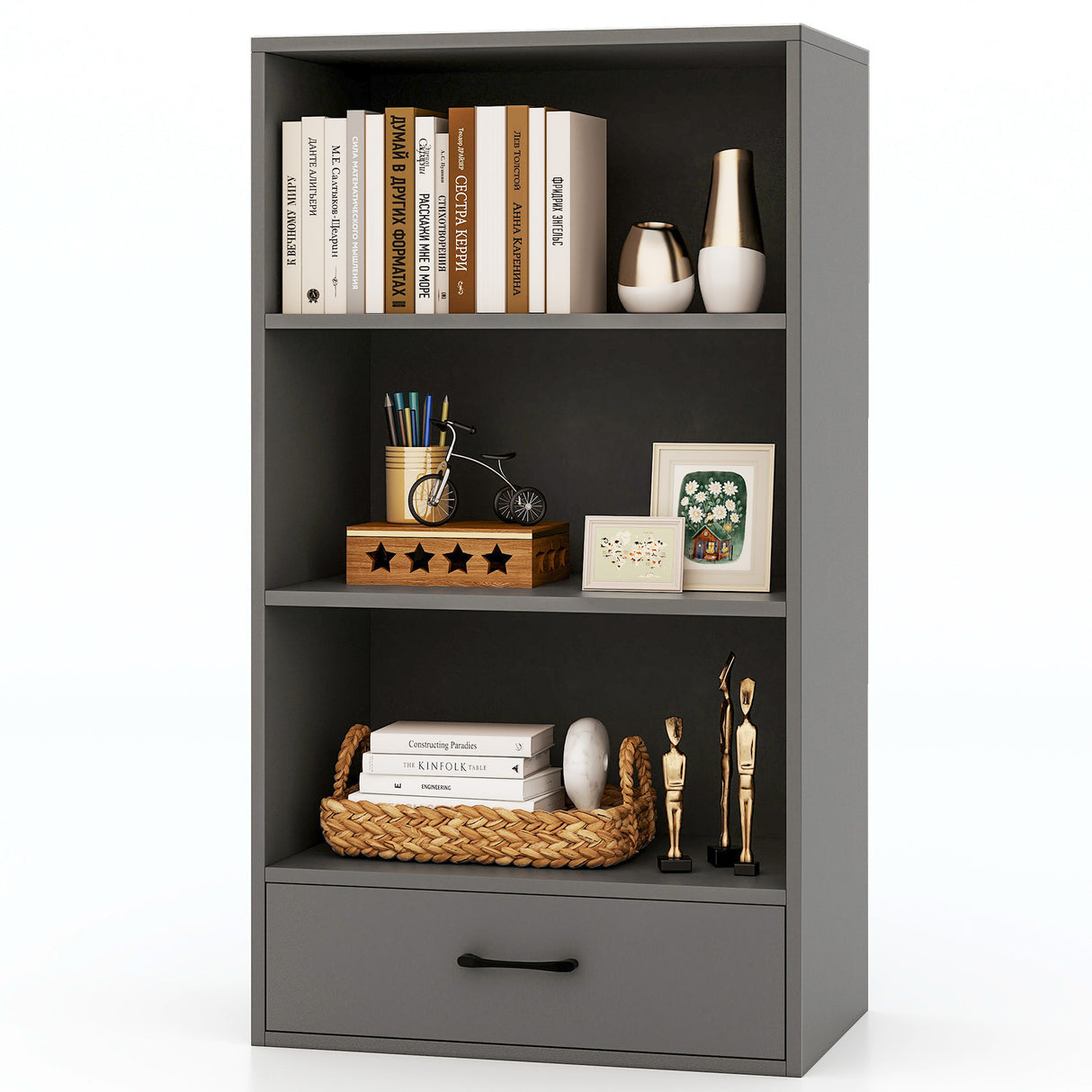 48 Inch Tall 4 Tiers Wood Bookcase with Drawer