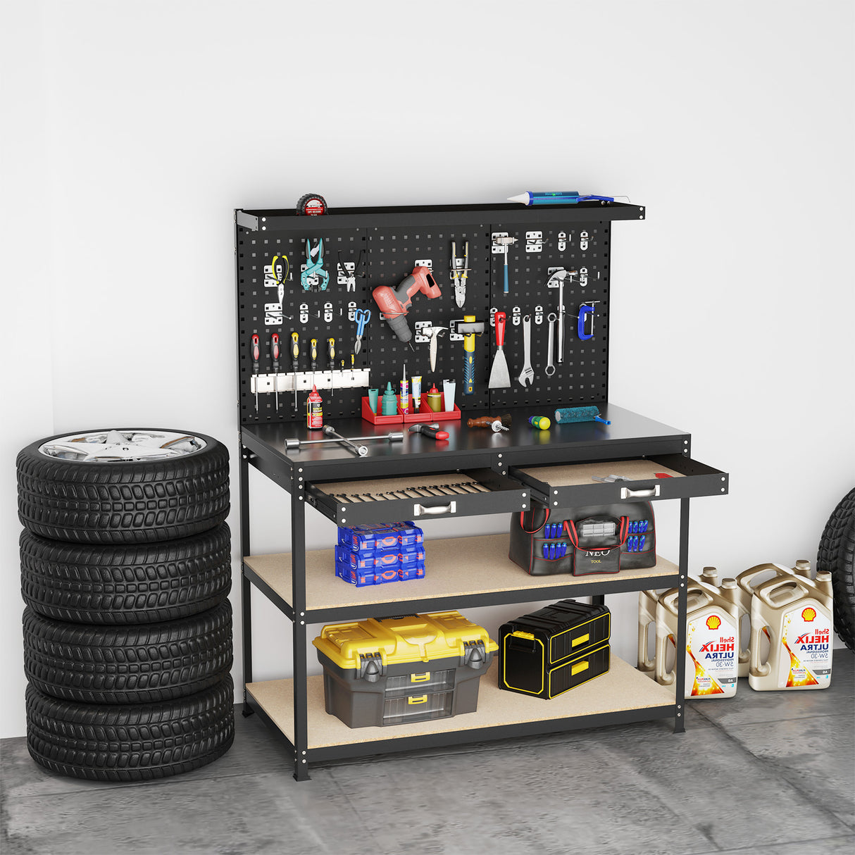 48 x 24 Inch Workbench Work Table with 3 PCs Pegboard Drawer and Shelves