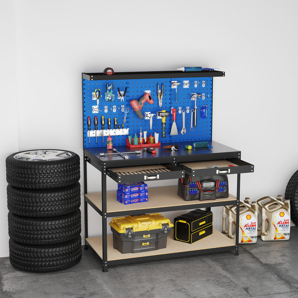 48 x 24 Inch Workbench Work Table with 3 PCs Pegboard Drawer and Shelves